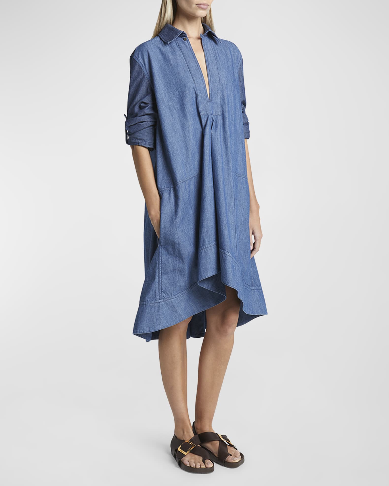 x Paula Ibiza Denim Wrap Tunic Dress with Rolled Cuff Sleeves