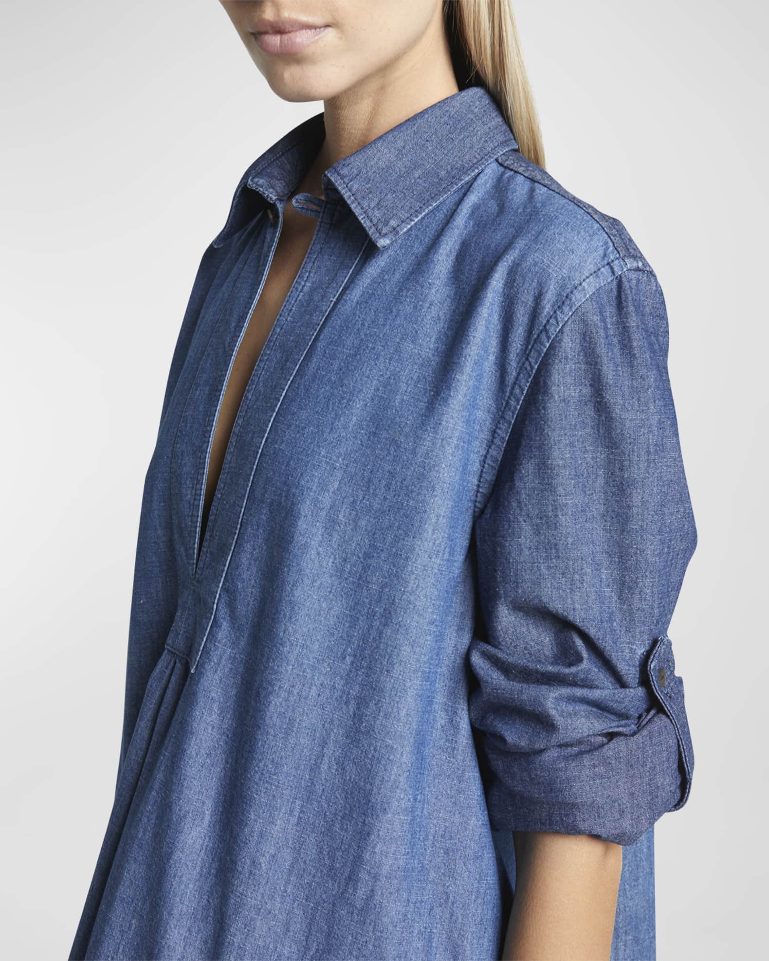 x Paula Ibiza Denim Wrap Tunic Dress with Rolled Cuff Sleeves