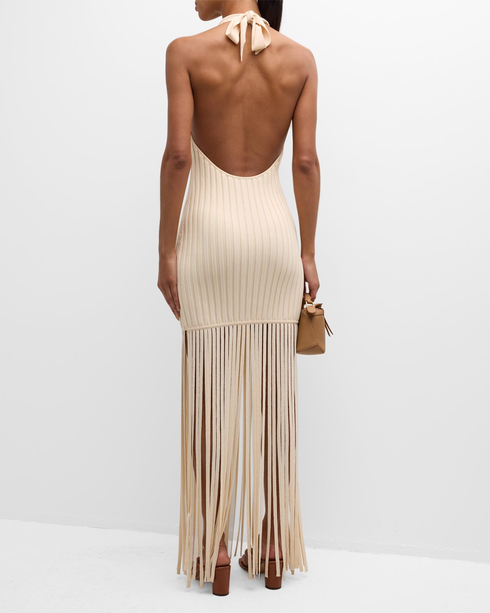 Beige Bodycon Draped Sleeveless Scoop Neck Backless Halter Maxi Dress main image 1