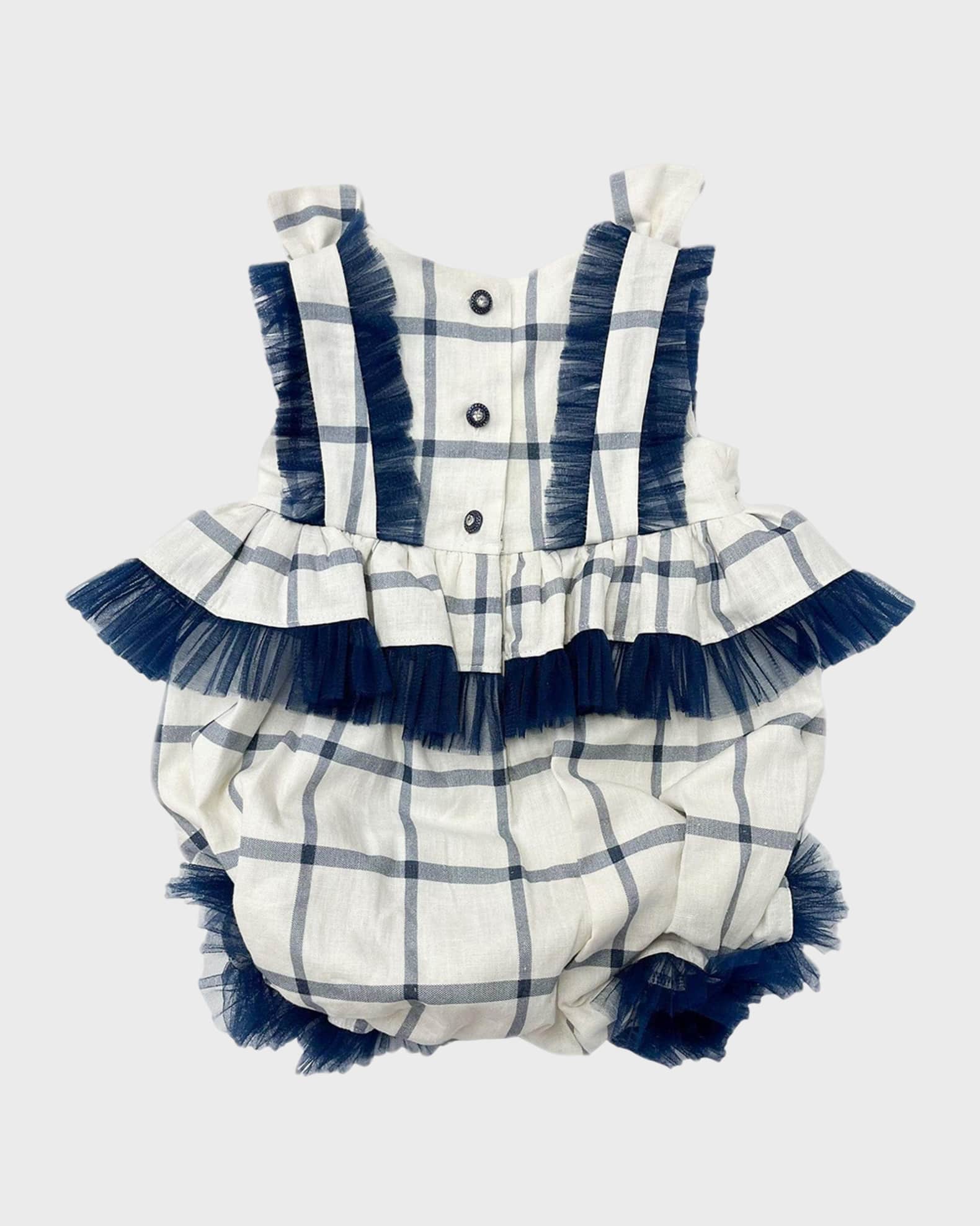 Girl's Checkered Linen Ruffle Romper, Size 3M-4 1