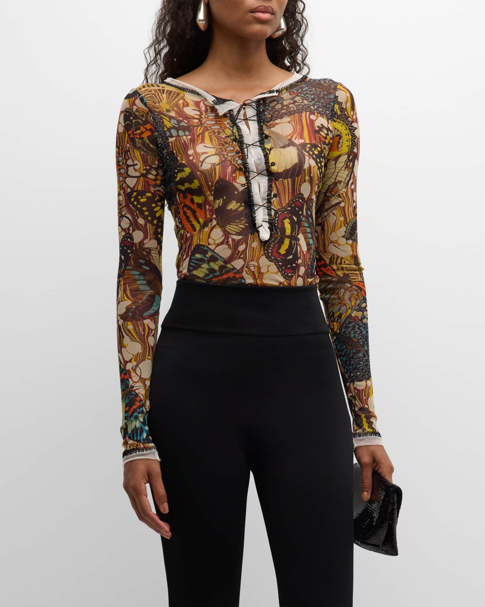 Jean Paul Gaultier Butterfly Mesh LaceUp Top Neiman Marcus
