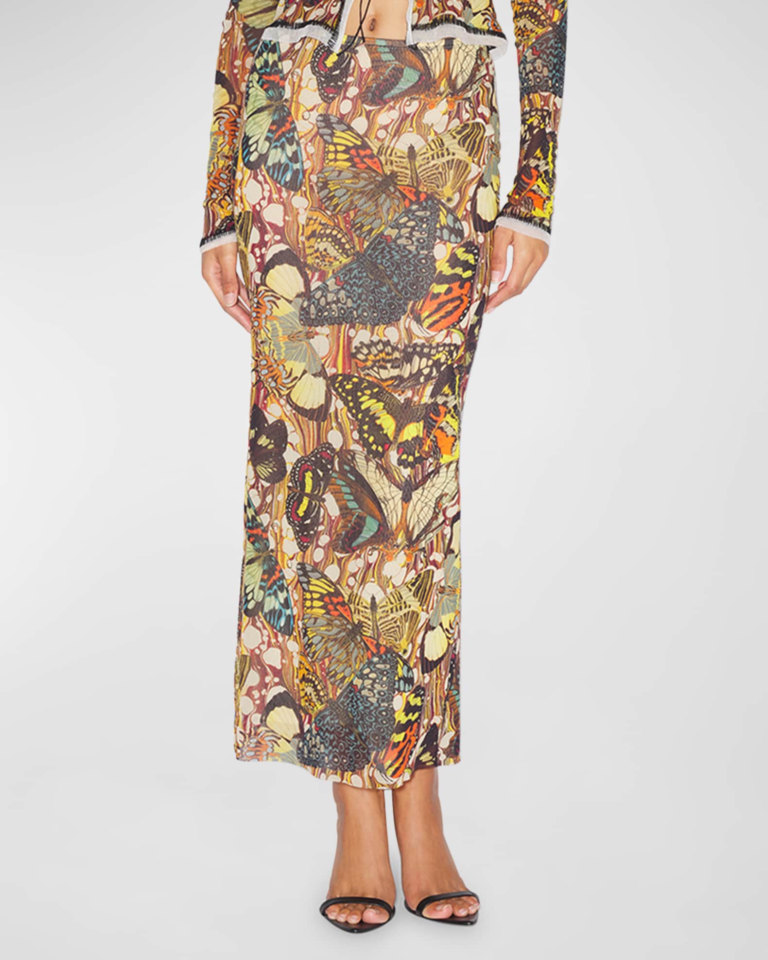 Jean Paul Gaultier Papillon Butterfly-Print Mesh Maxi Skirt