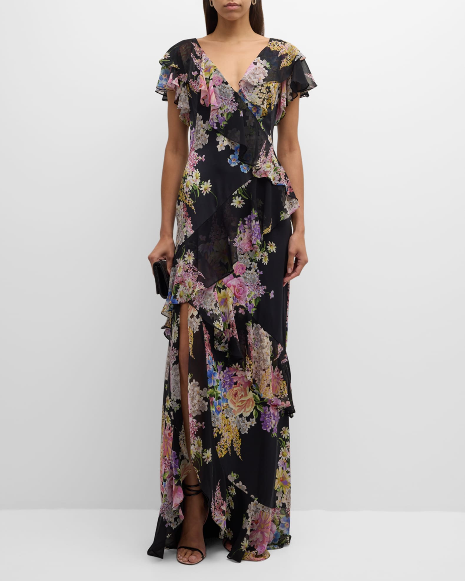 Floral-Print Ruffle Chiffon Gown 1
