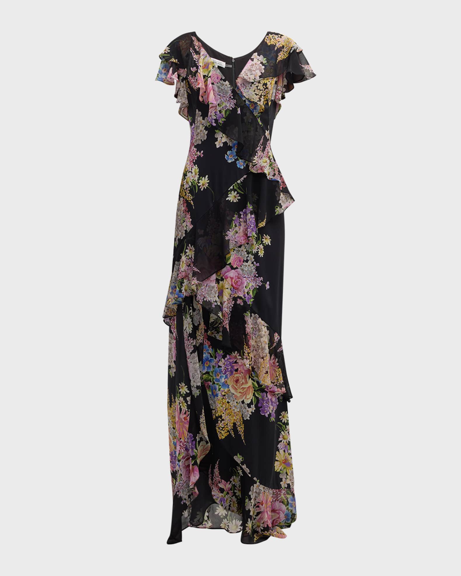 Floral-Print Ruffle Chiffon Gown 0
