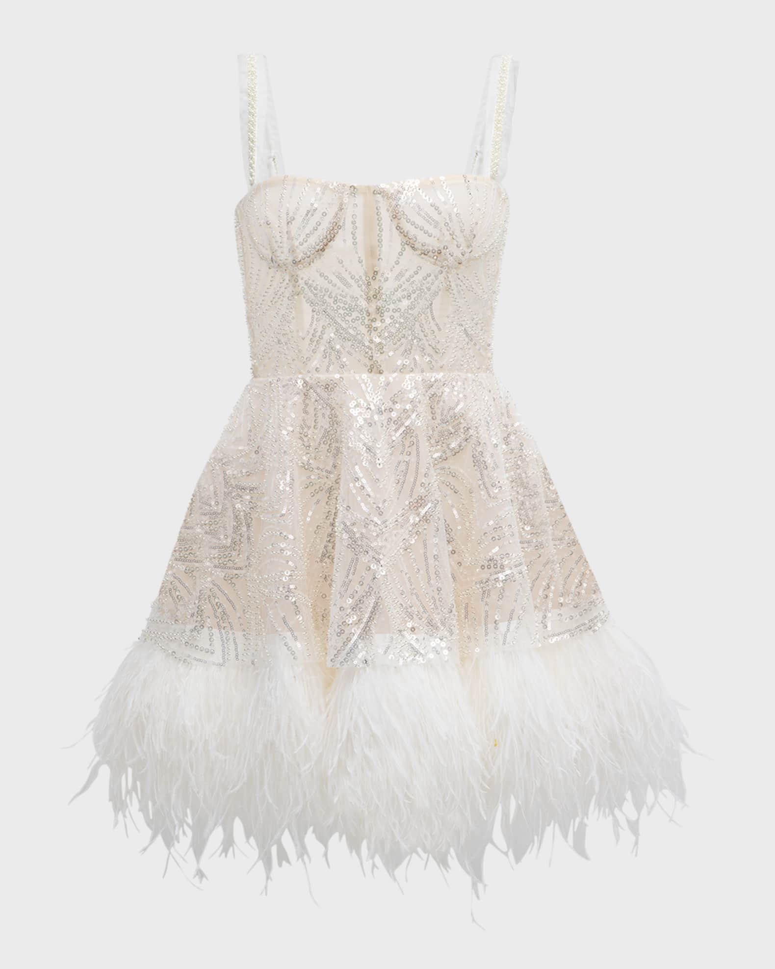Mademoiselle Beaded Feather-Trim Mini Dress 0