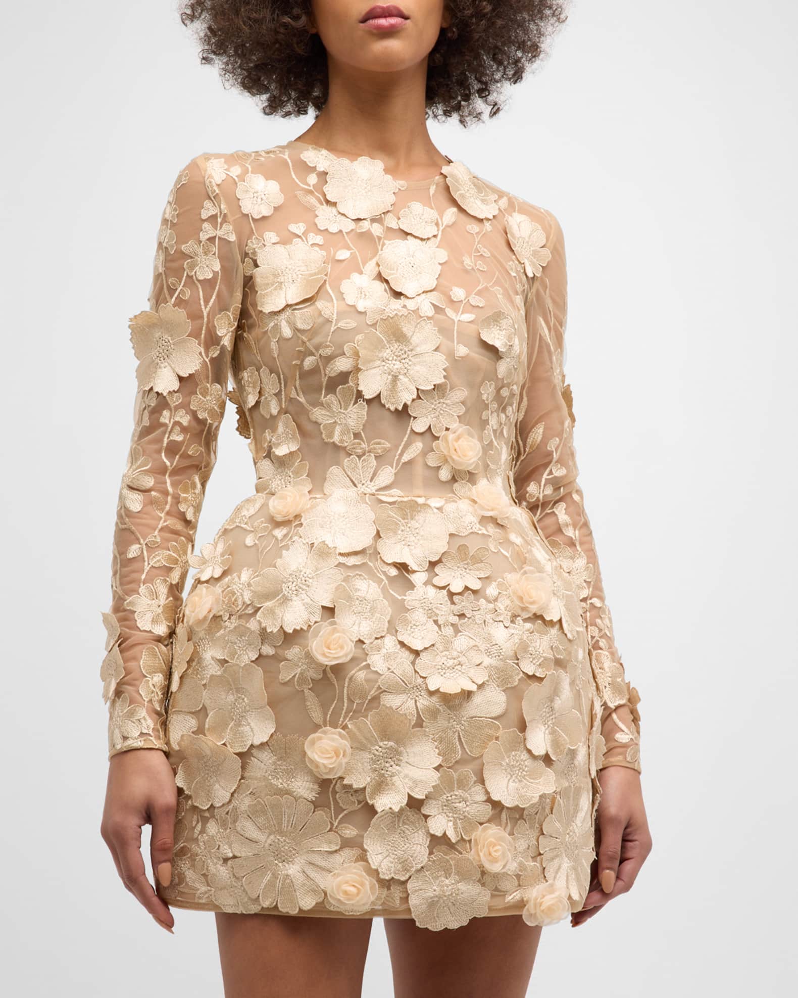 Bronx Banco Bouquet Maraya Embroidered Illusion Mini Dress, Gold, Women's, Medium, Cocktail & Party Wedding Guest Dresses Mini Dresses