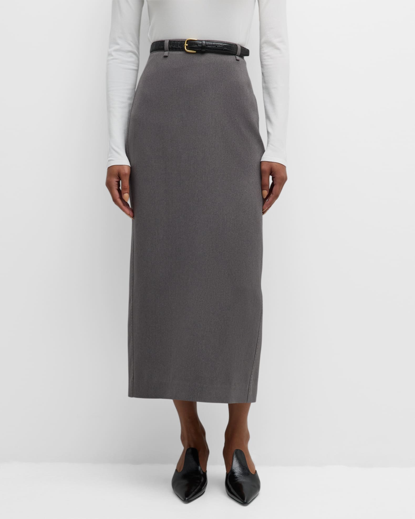LE17SEPTEMBRE Belted Straight Twill Midi Skirt | Neiman Marcus