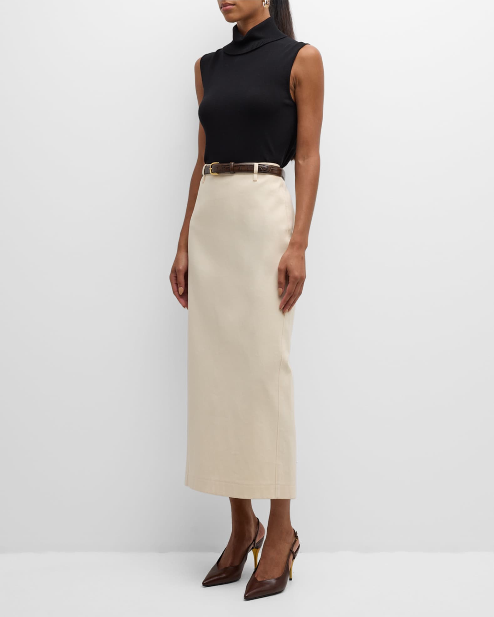 LE17SEPTEMBRE Belted Straight Twill Midi Skirt | Neiman Marcus