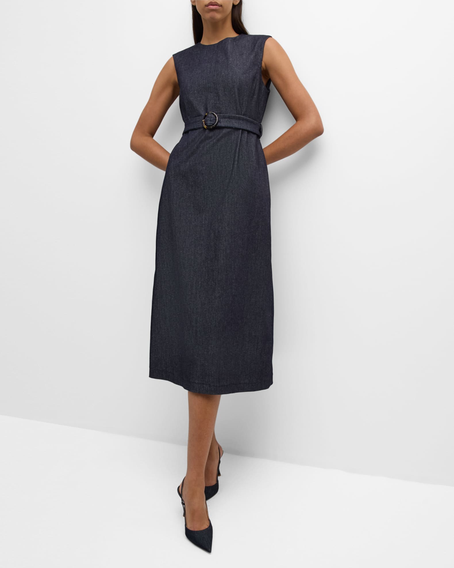 Max Mara Lucilla Sleeveless Belted Denim Midi Dress Neiman Marcus