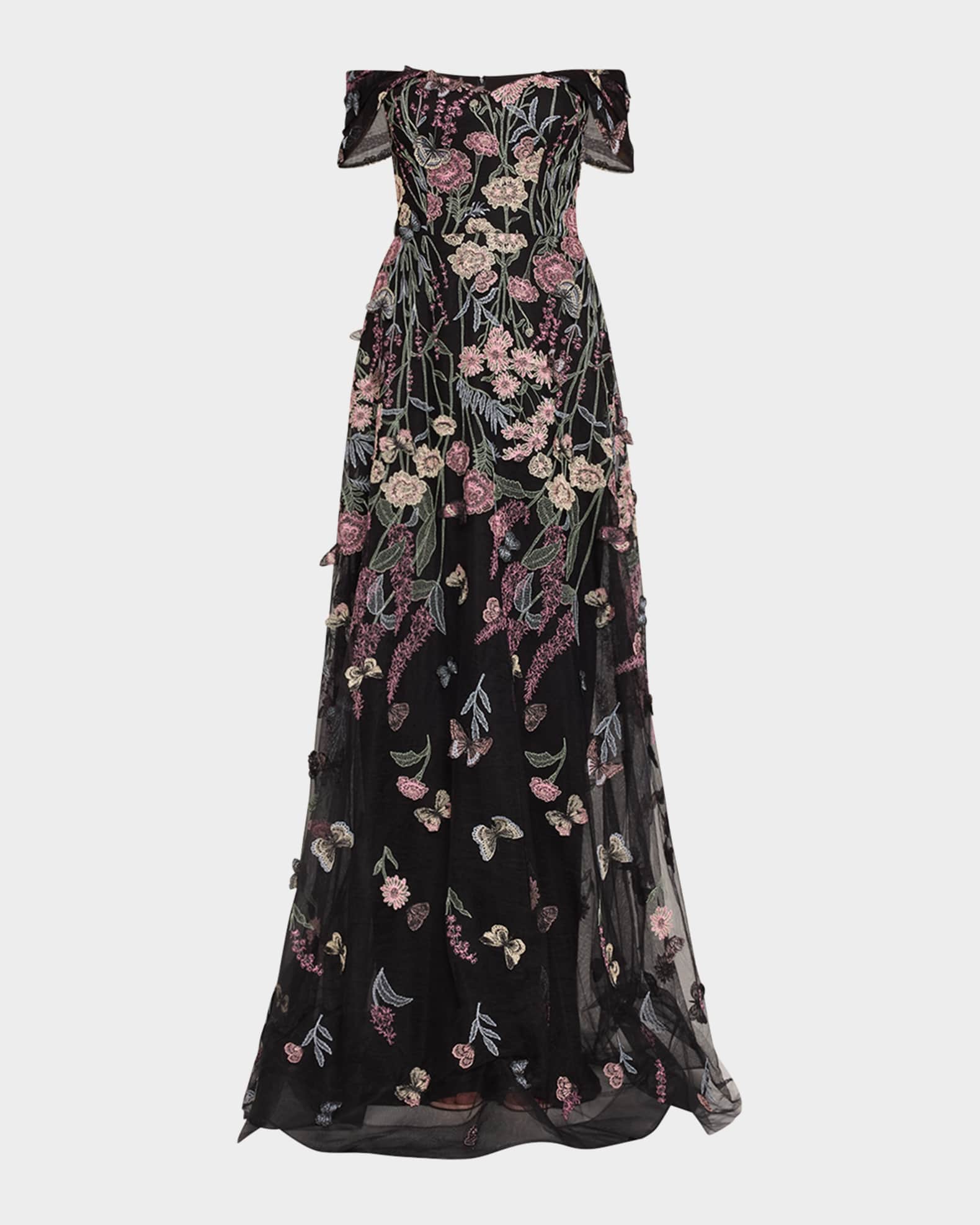 Off-Shoulder Embroidered Tulle Gown 0