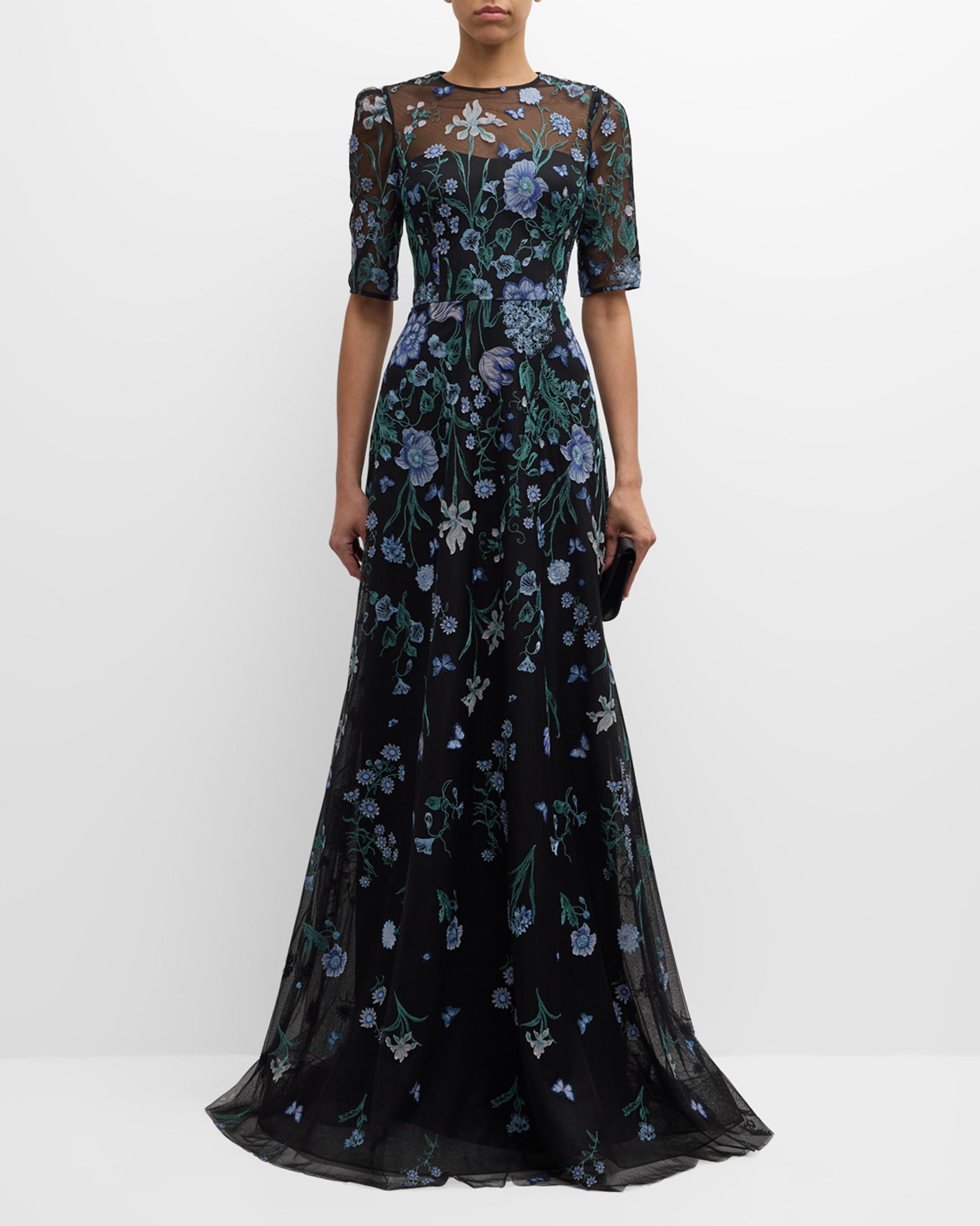 charena formal embroidered floral tulle dress Rickie Freeman for Teri Jon A-Line Gown, BLACK, Women's, 2 group-582