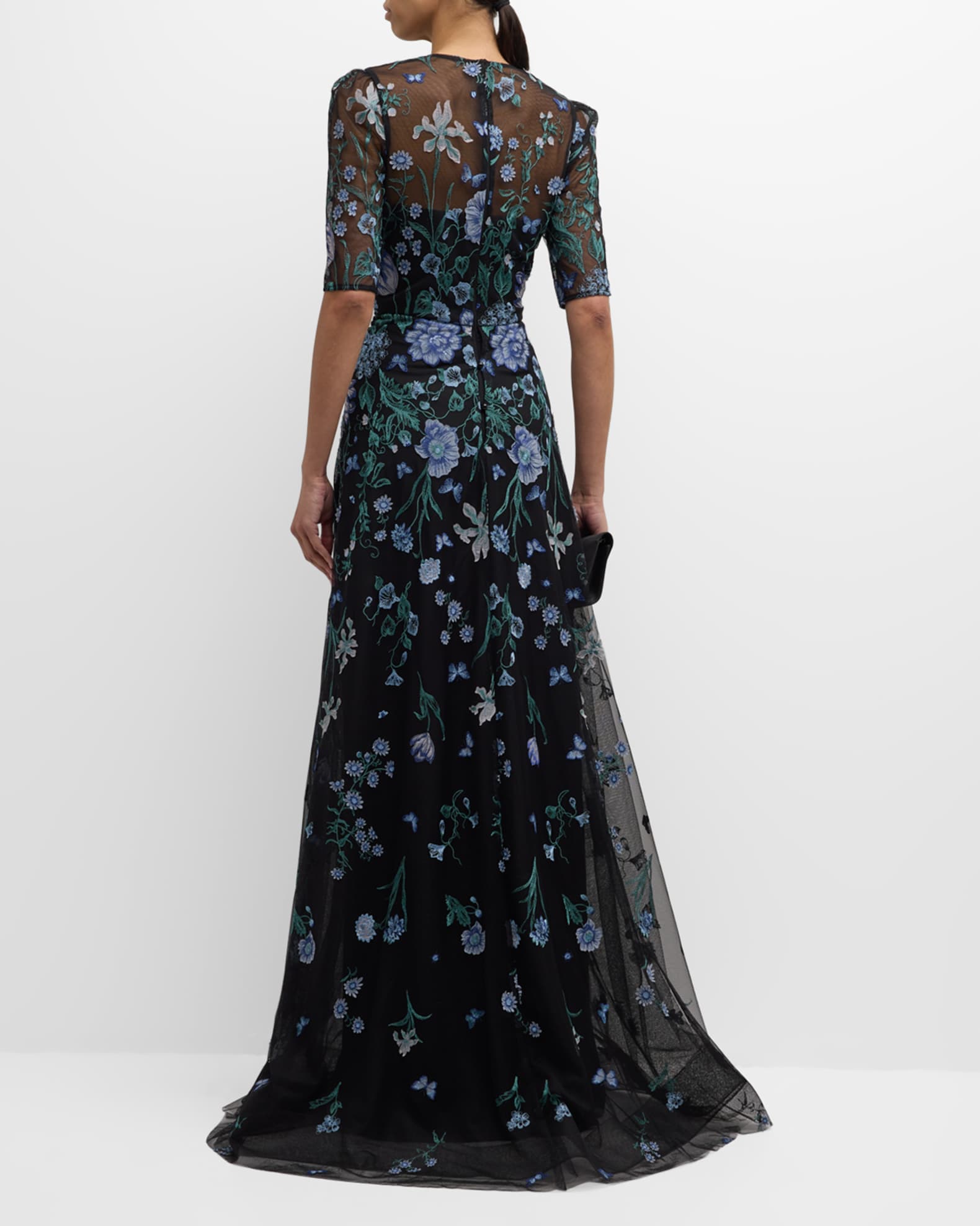 Rickie Freeman for Teri Jon Embroidered A-Line Tulle Gown | Neiman Marcus
