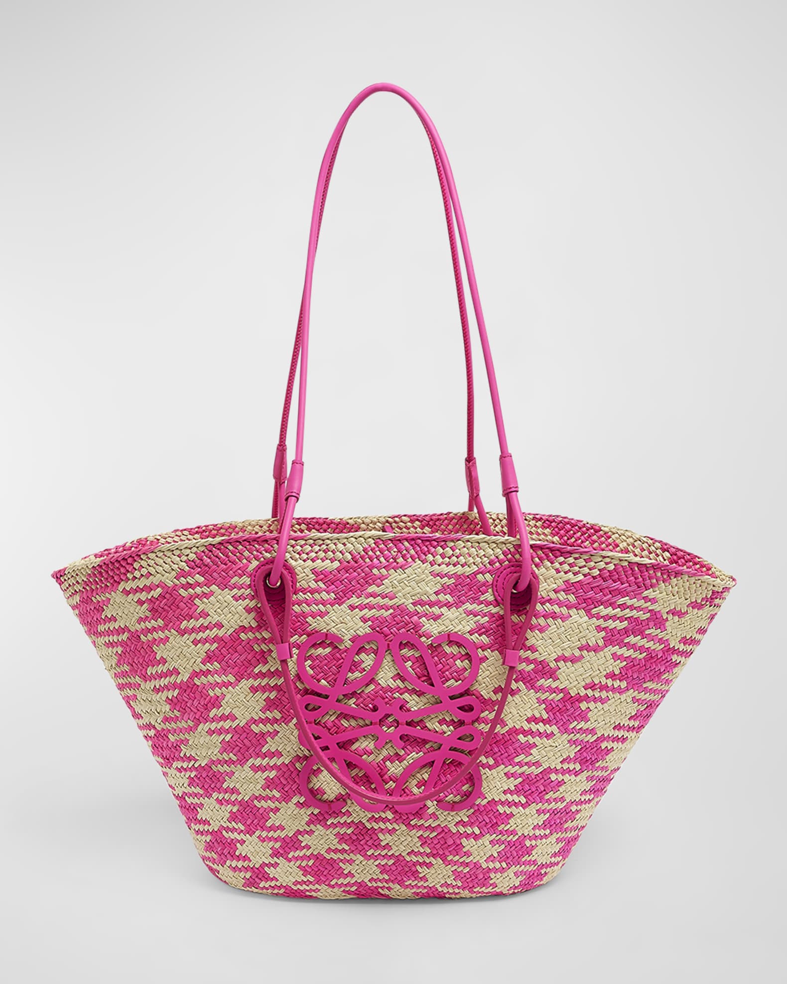 x Paula s Ibiza Medium Anagram Basket Tote Bag in Checkered Iraca Palm with Leather Handles