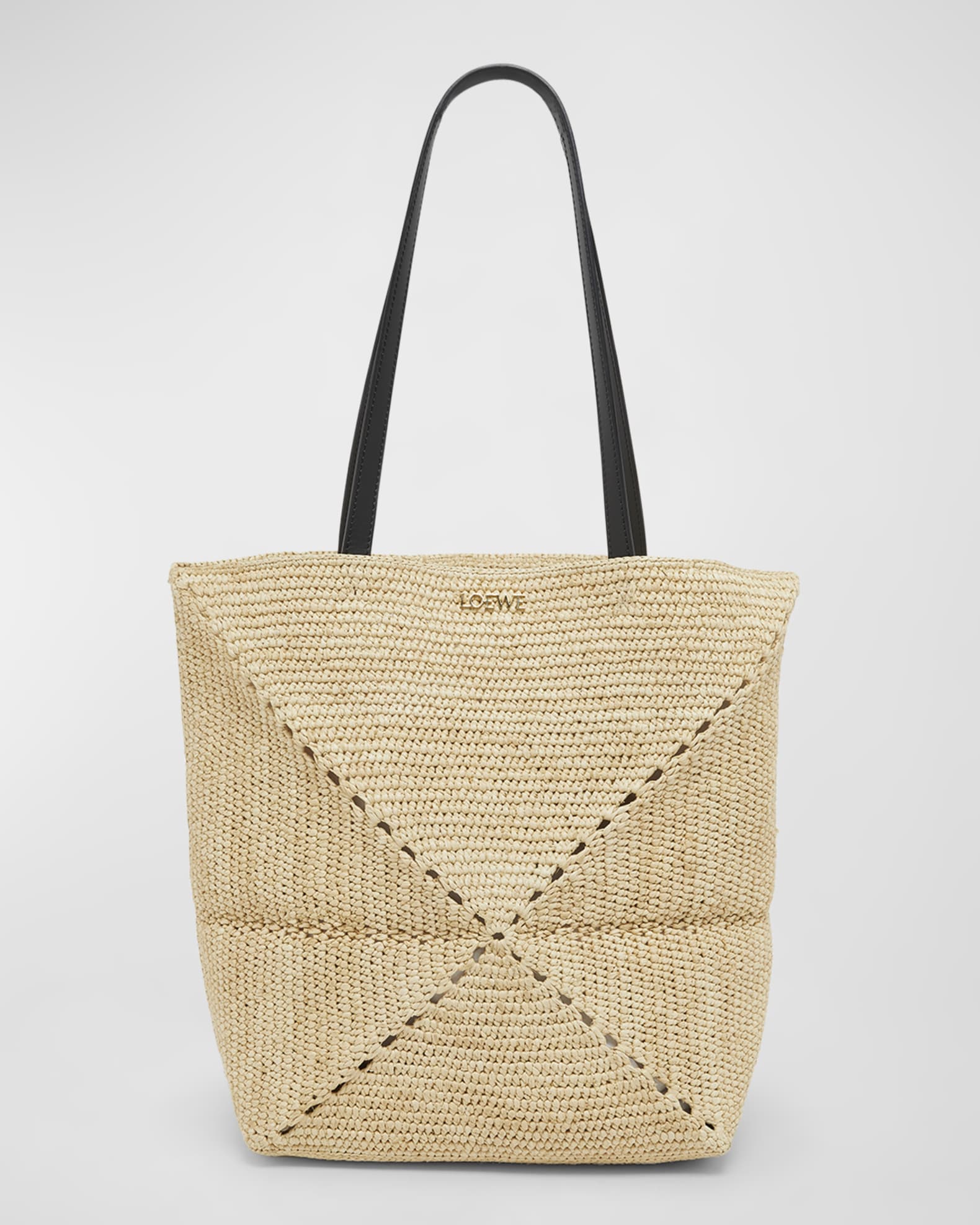 x Paula’s Ibiza Medium Puzzle Fold Tote Bag in Raffia with Leather Handles