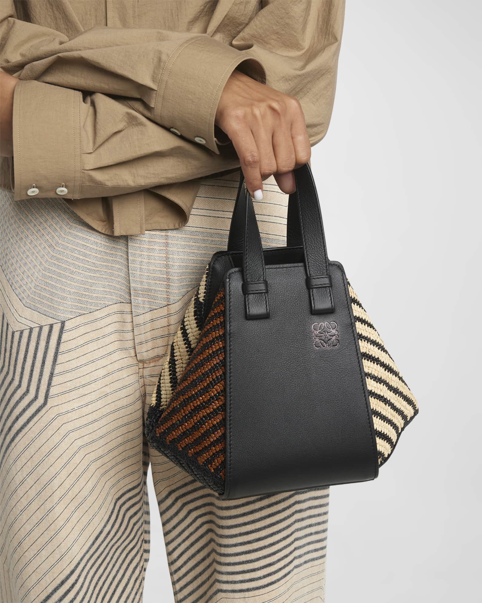 Loewe x Paula s Ibiza Hammock Compact Top Handle Bag in Striped Raffia with Leather Handles Neiman Marcus