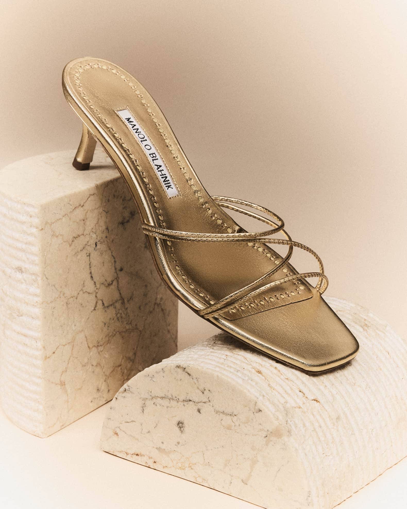 Manolo Blahnik Strappy Metallic Leather Slide Sandals