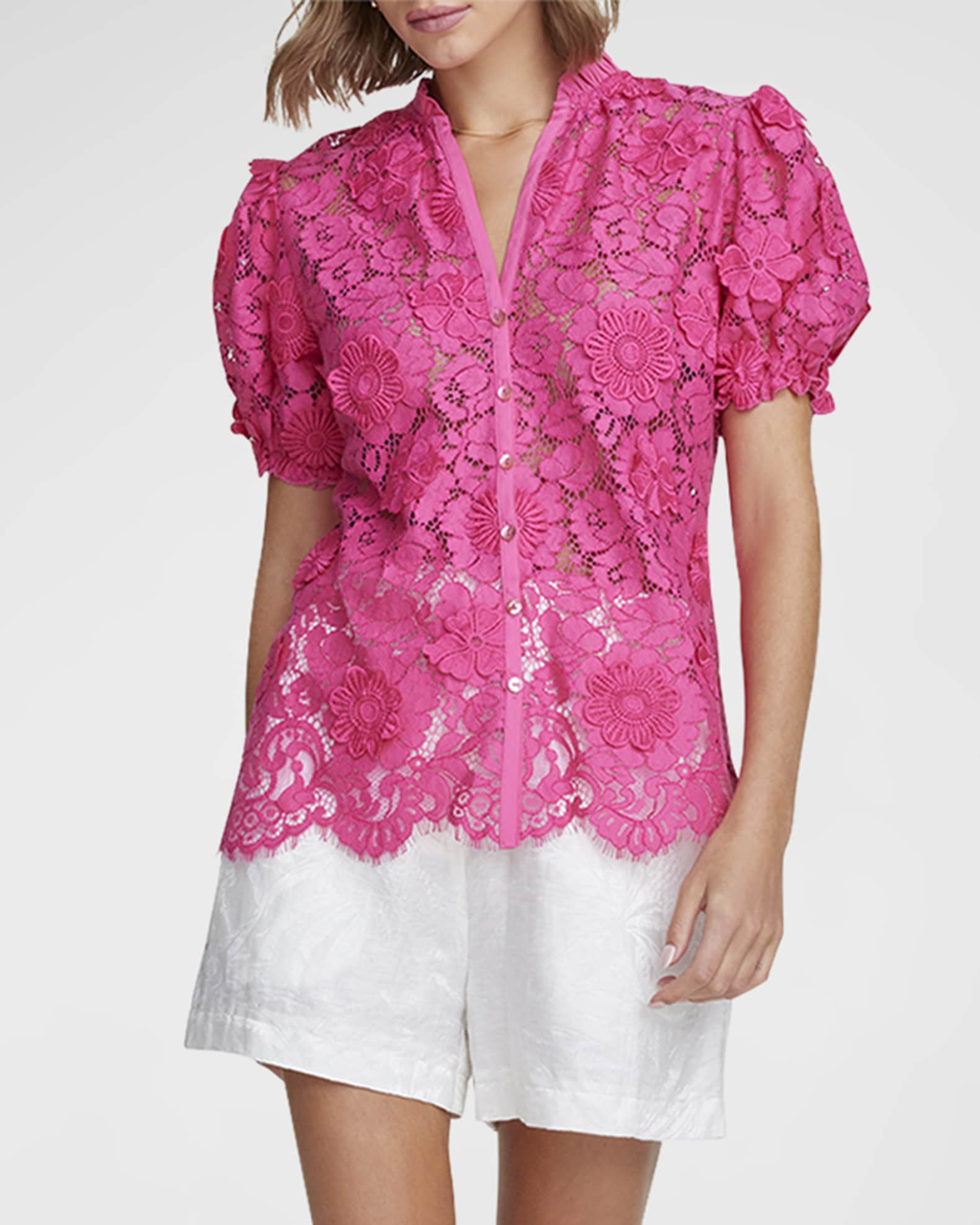 Robert Graham Mila Puff-Sleeve Floral Lace Shirt | Neiman Marcus