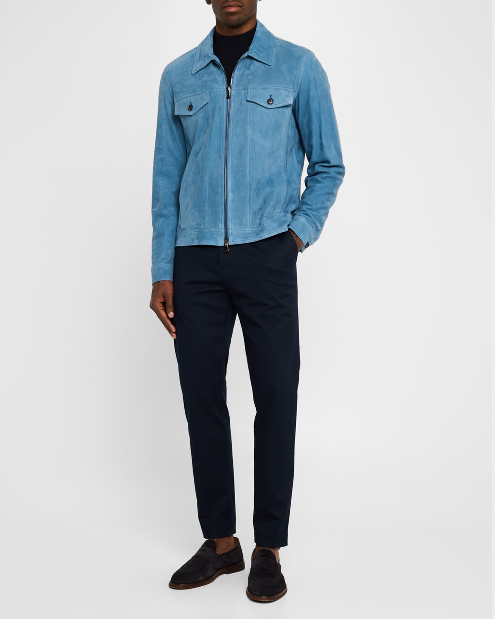 Isaia Light Blue Suede Trucker Jacket Men s 42 Coats Jackets Outerwear Zip Front Jackets