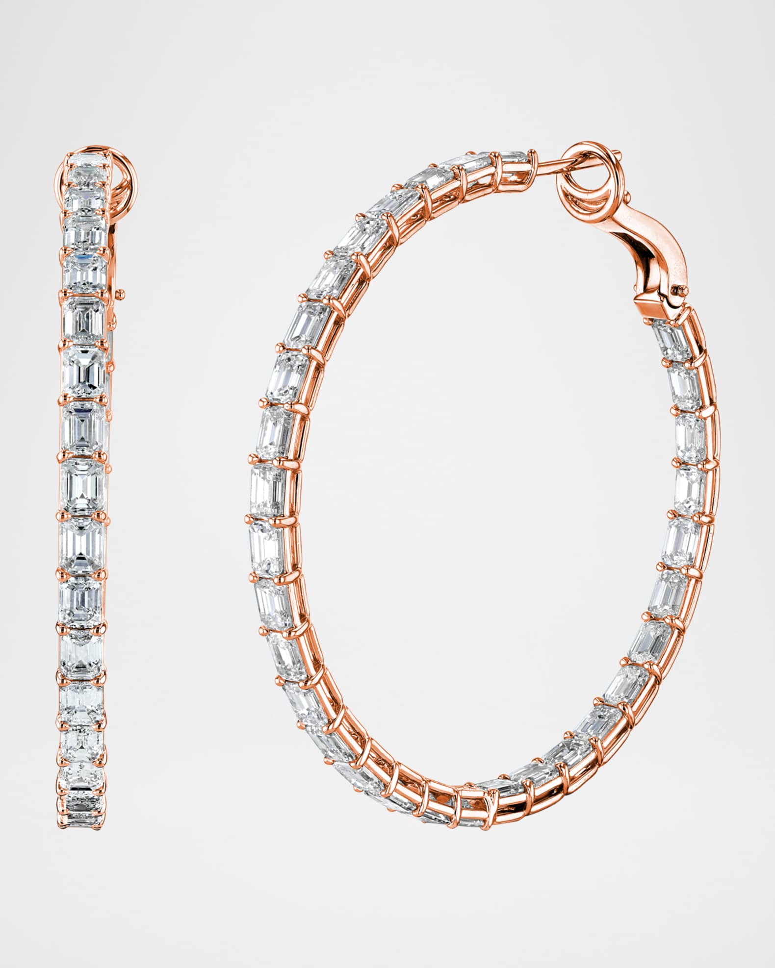 Neiman Marcus Diamonds 18K Rose Gold North South Emerald Cut Diamond Hoop Earrings 8.40tcw Neiman Marcus