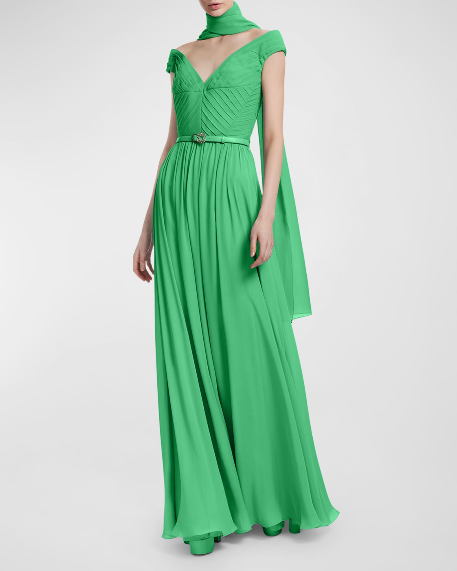 Elie Saab Pleated Silk Gown with Scarf and Belted Waist Neiman Marcus