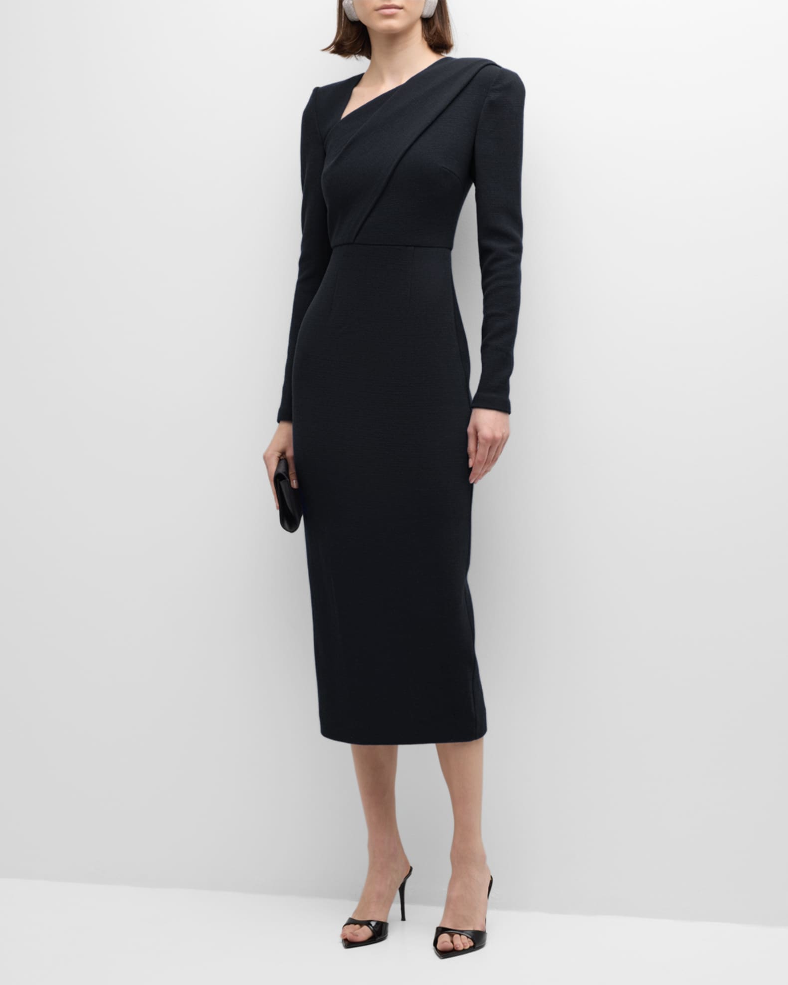 Roland Mouret V Neck Long Sleeve Wool Crepe Midi Dress Neiman Marcus