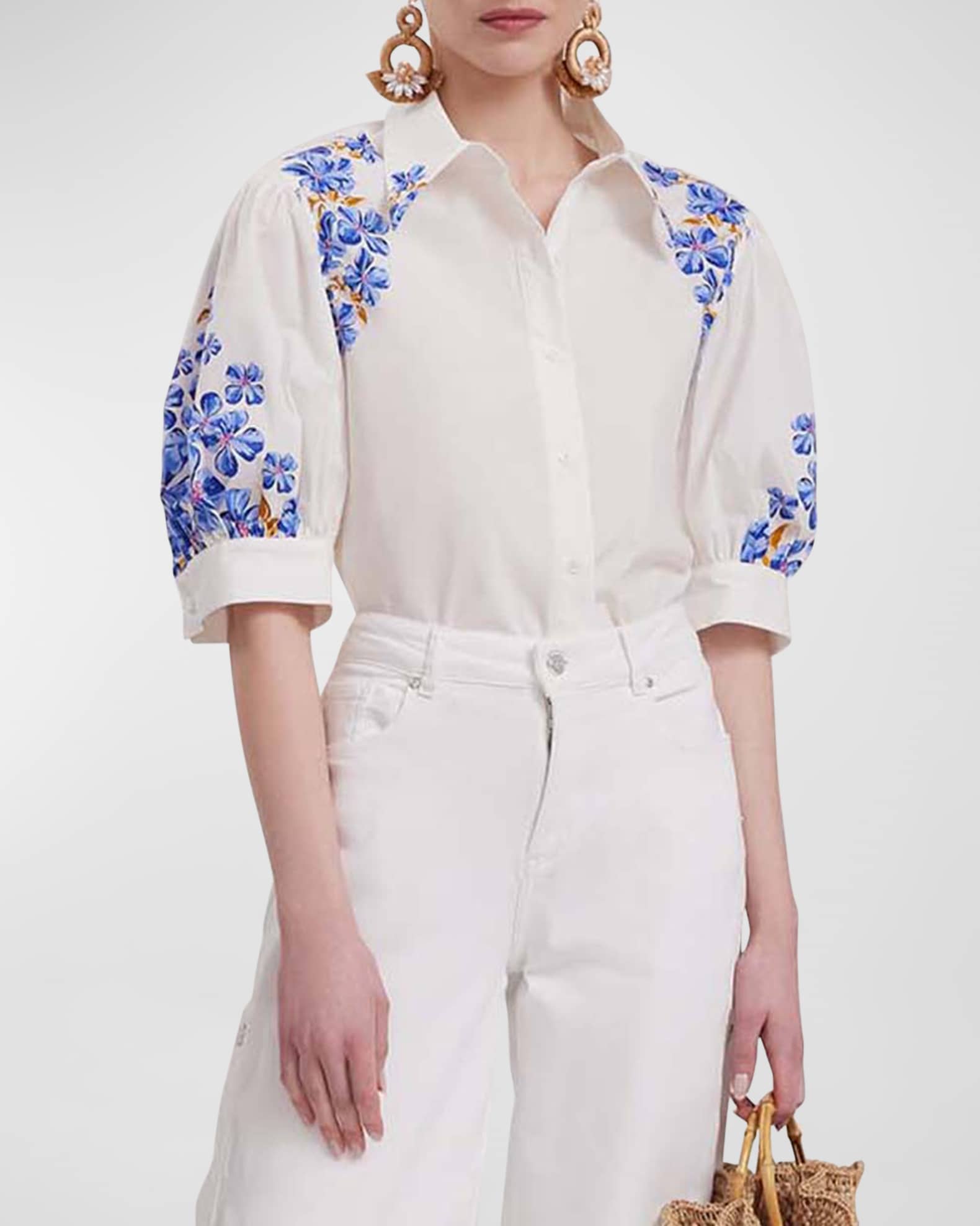 Anne Fontaine Heloise Puff-Sleeve Floral-Print Poplin Shirt | Neiman Marcus