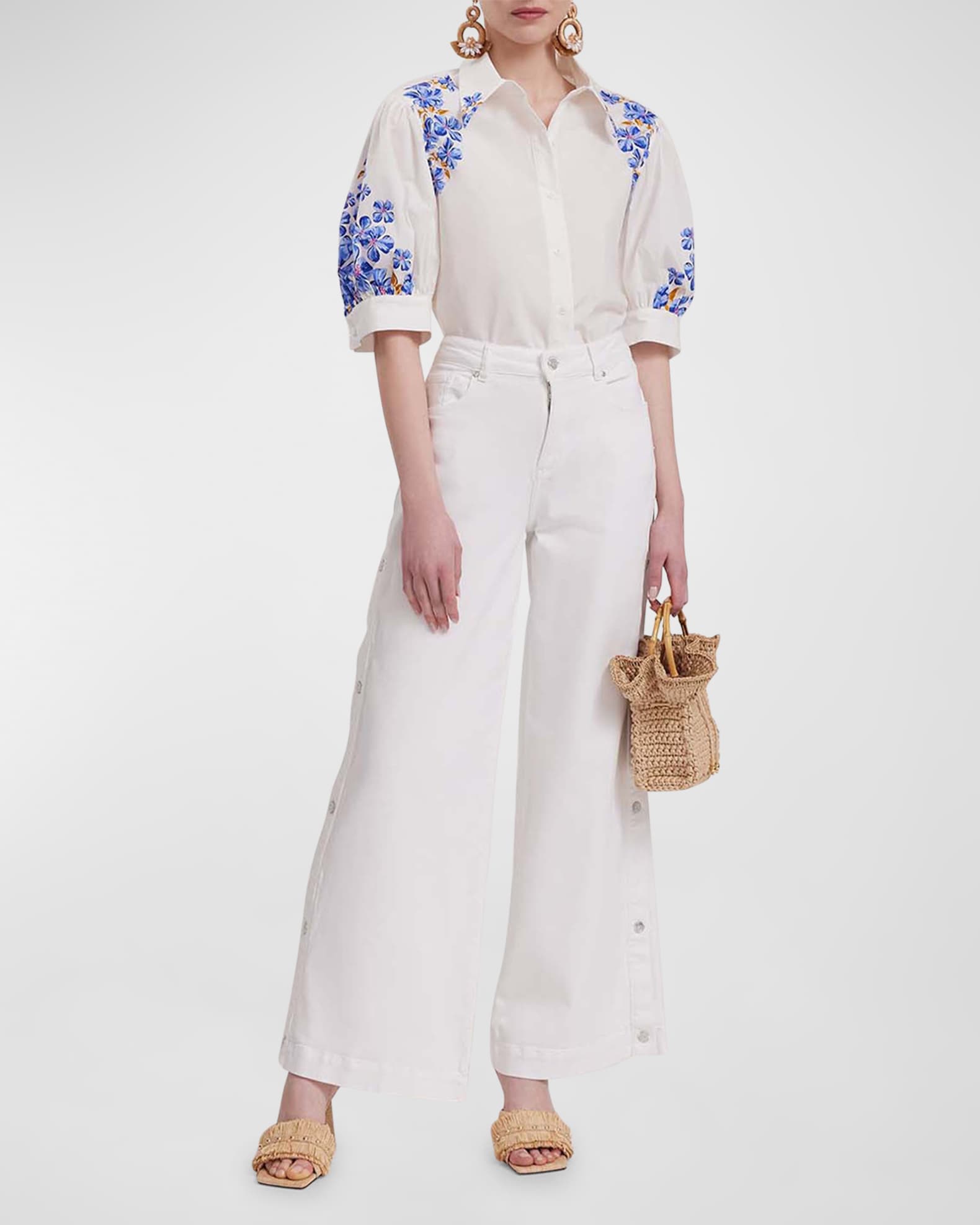 Anne Fontaine Heloise Puff-Sleeve Floral-Print Poplin Shirt | Neiman Marcus