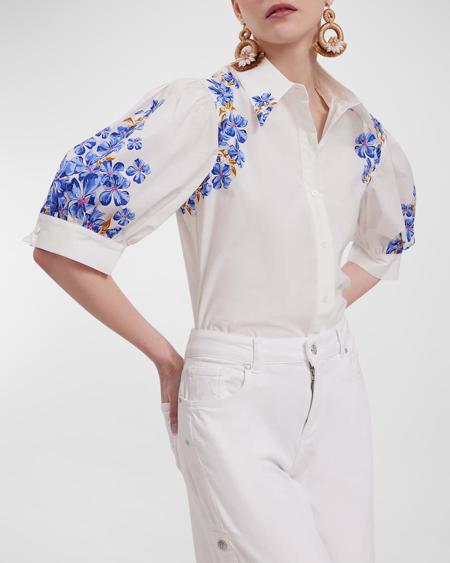 Anne Fontaine Heloise Puff-Sleeve Floral-Print Poplin Shirt | Neiman Marcus