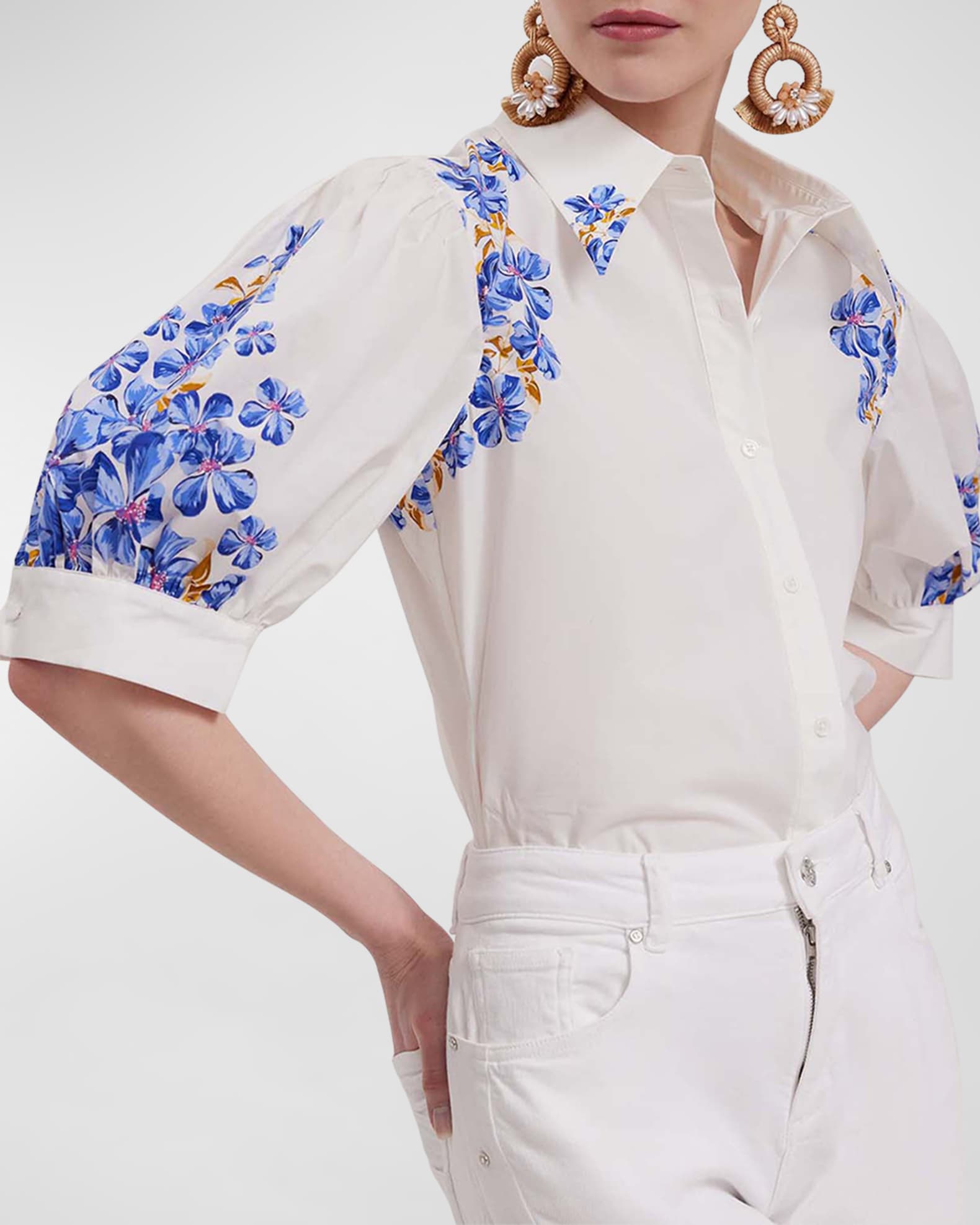 Anne Fontaine Heloise Puff-Sleeve Floral-Print Poplin Shirt | Neiman Marcus