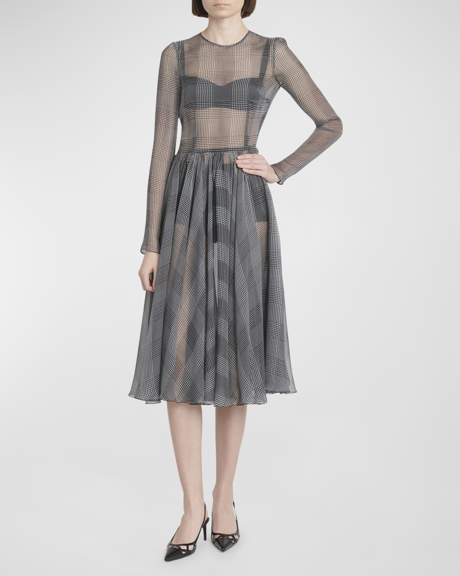 Prince Of Wales Printed Silk Chiffon Midi Dress 1