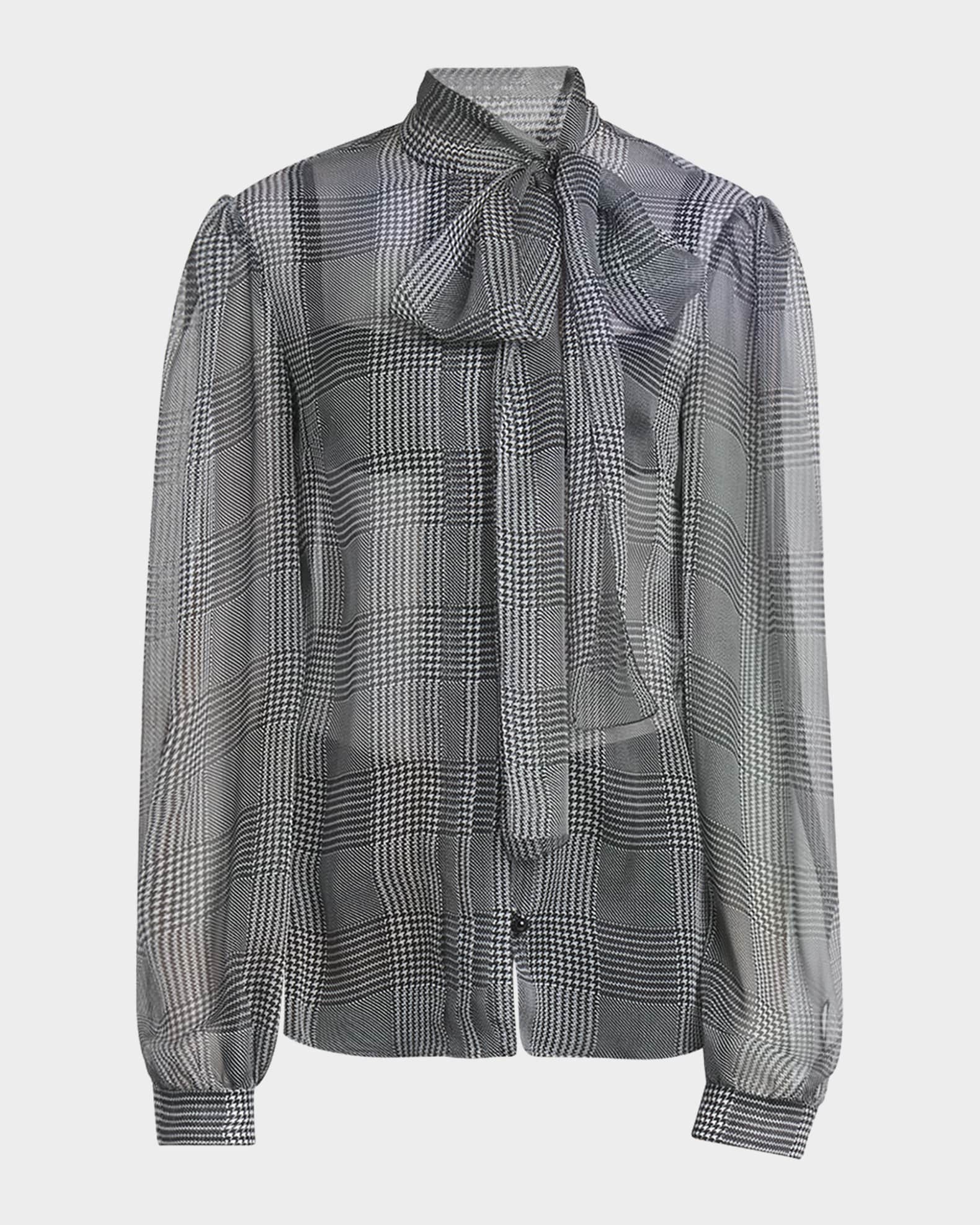 Prince Of Wales Printed Silk Chiffon Blouse with Tie Neck 0
