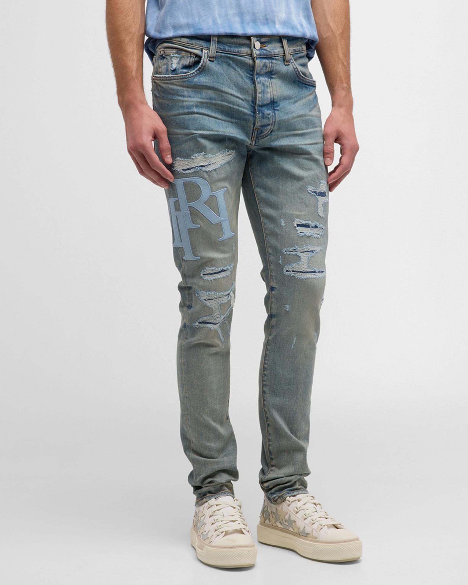 Amiri Men's Staggered Logo Skinny Jeans | Neiman Marcus