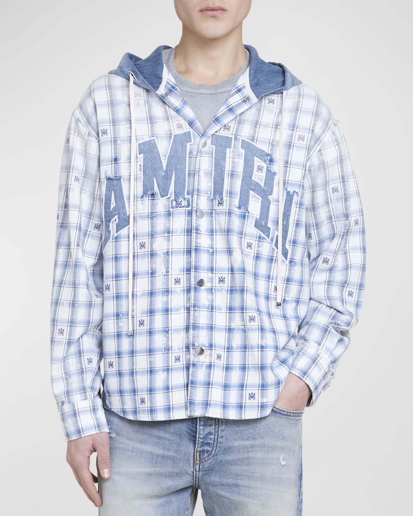 Amiri Men s Logo Plaid Hooded Overshirt Cerulean Size Large