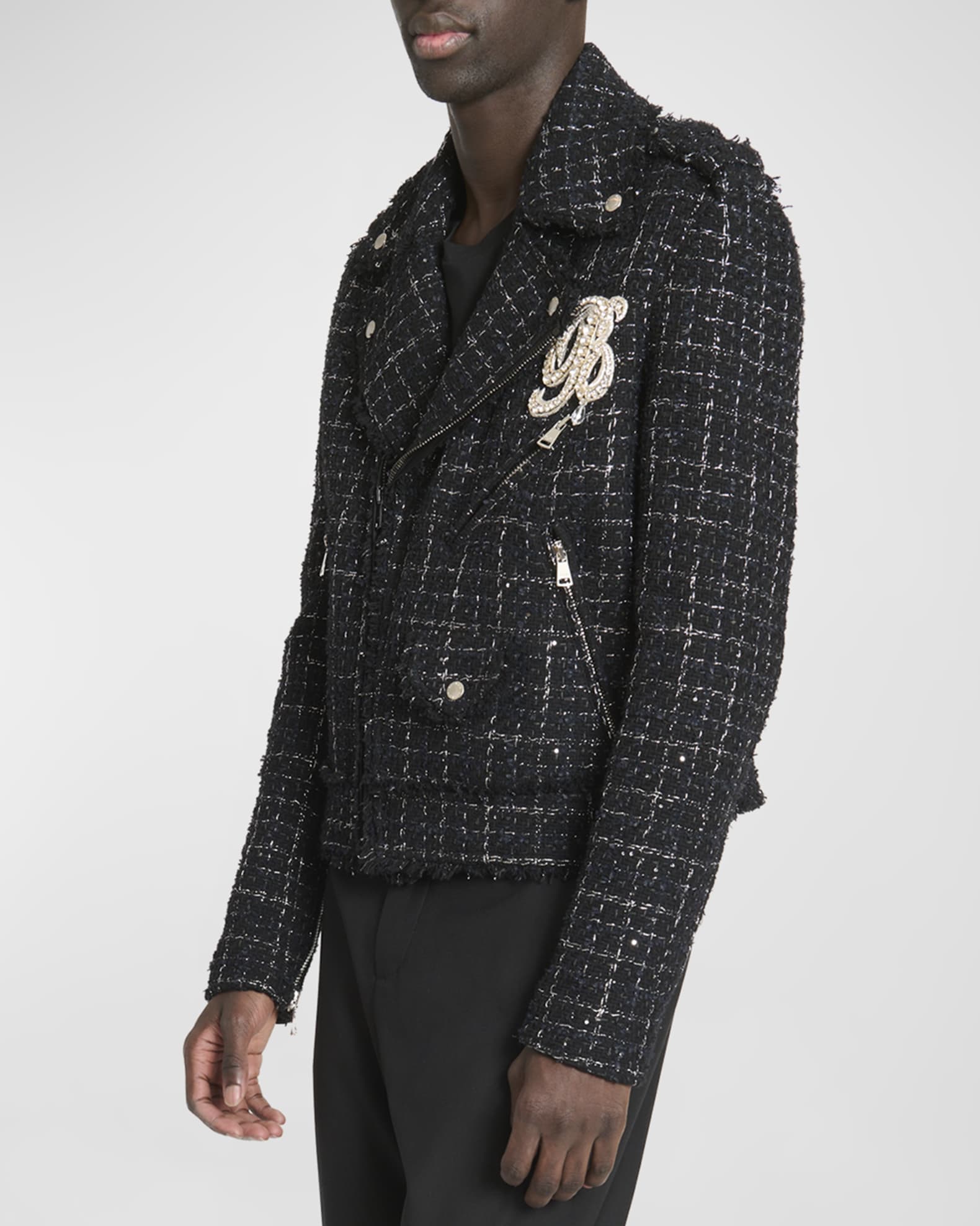 Balmain Men s Embroidered Tweed Biker Jacket Neiman Marcus