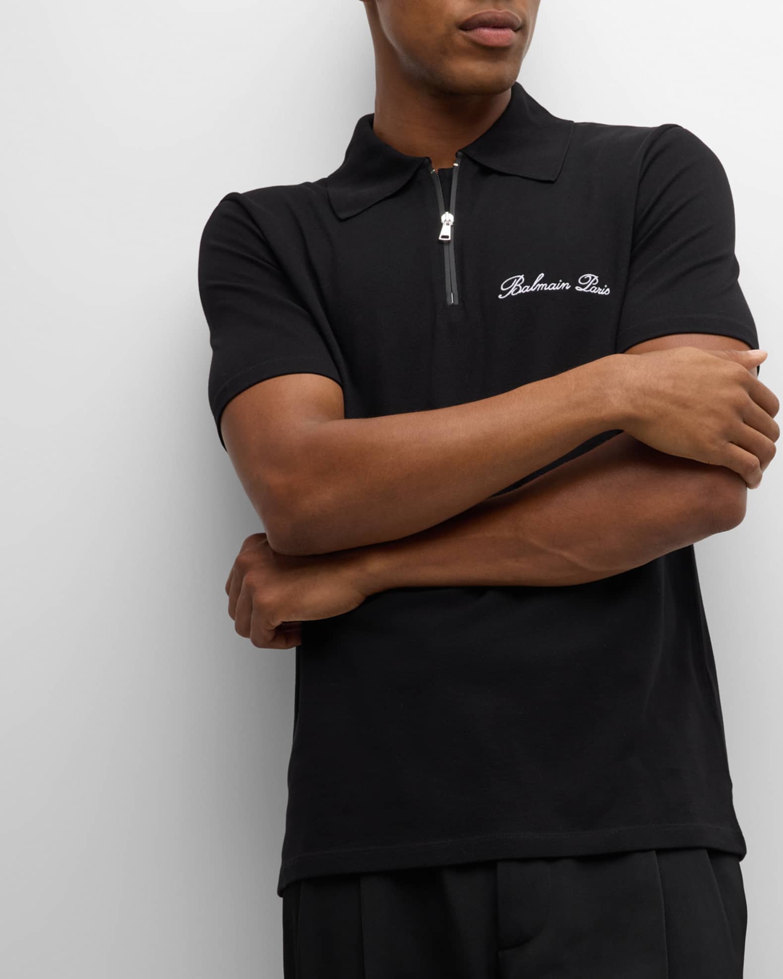 Balmain Men's Embroidered Zip Polo Shirt | Neiman Marcus