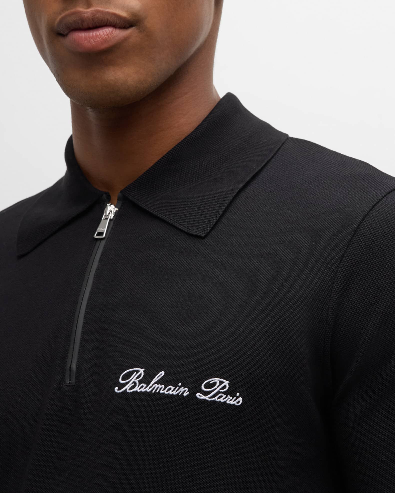 Balmain Men's Embroidered Zip Polo Shirt | Neiman Marcus
