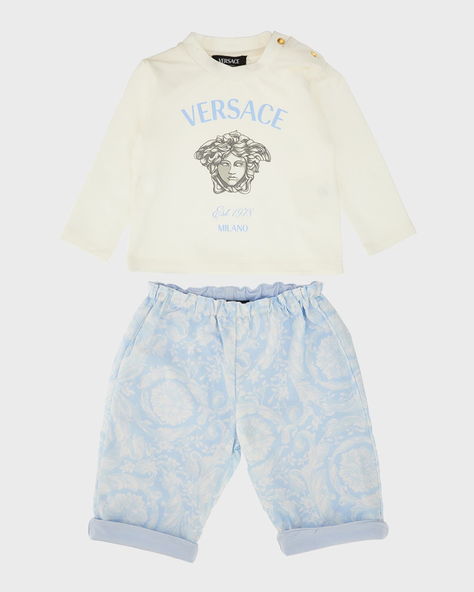 Versace Boys Medusa Milano Long Sleeve Graphic Tee Cuffed Barocco Pants Set Baby White