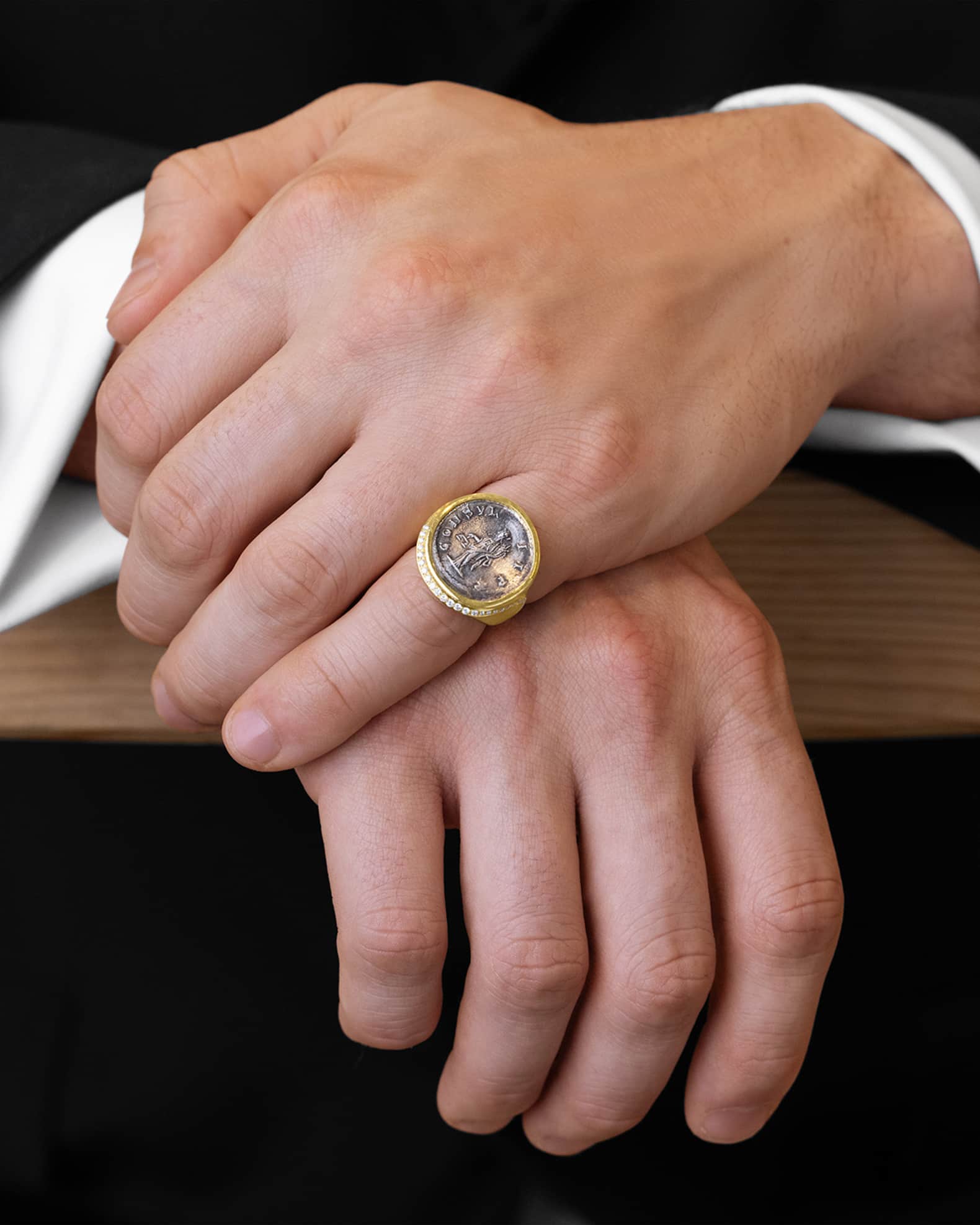 Men's 18K Gold Aequitas Coin and Diamond Ring, Size 7 1