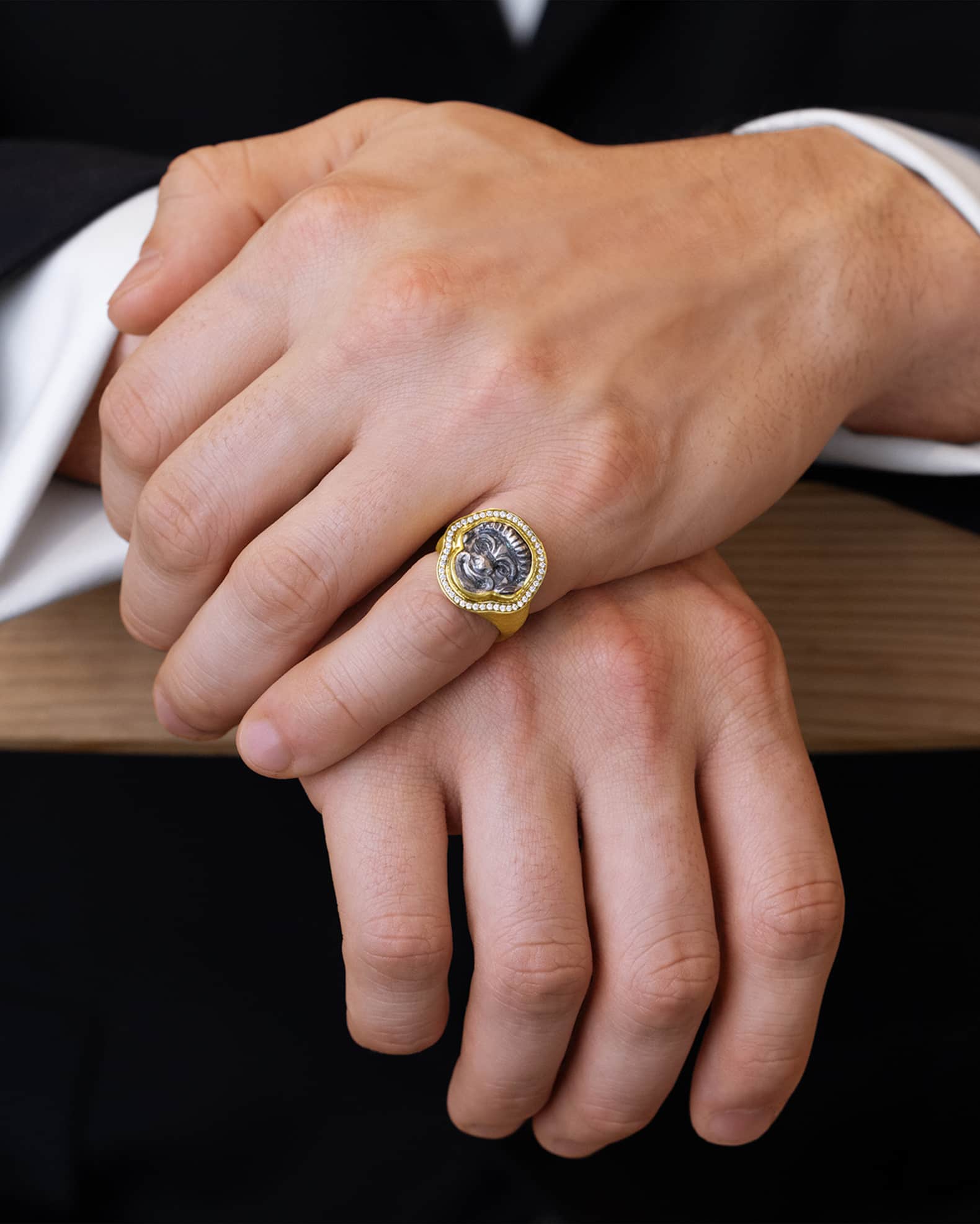 Men's 18K Gold Theatre Mask Coin and Diamond Ring, Size 7 1