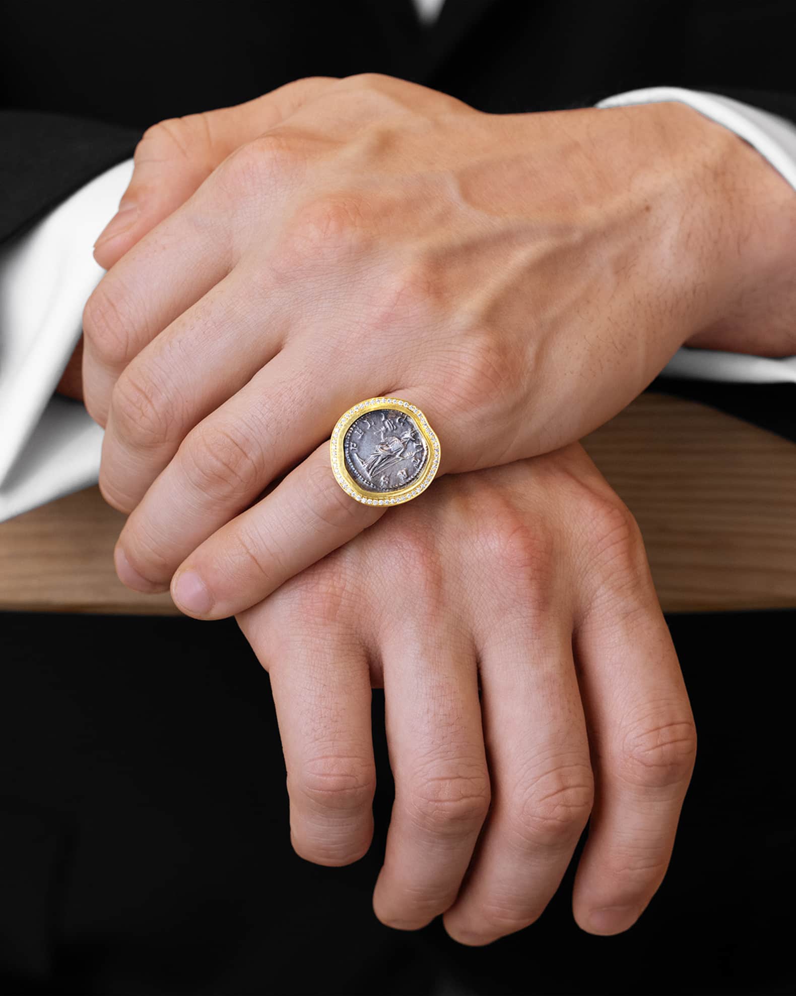 Men's 18K Gold Felicitas Coin and Diamond Ring, Size 7 1