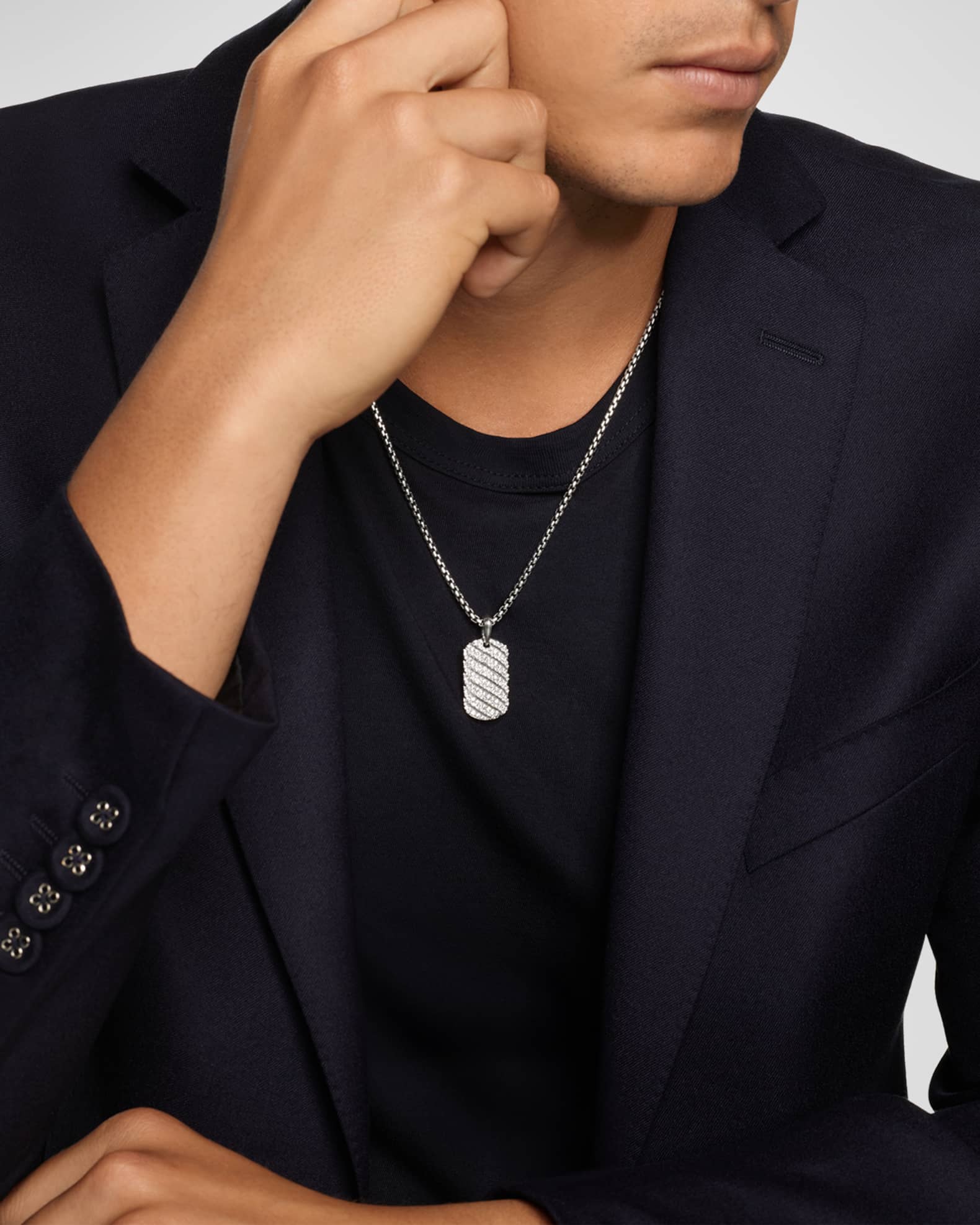 Men's Sculpted Cable Tag in Silver with Diamonds, 35mm 1