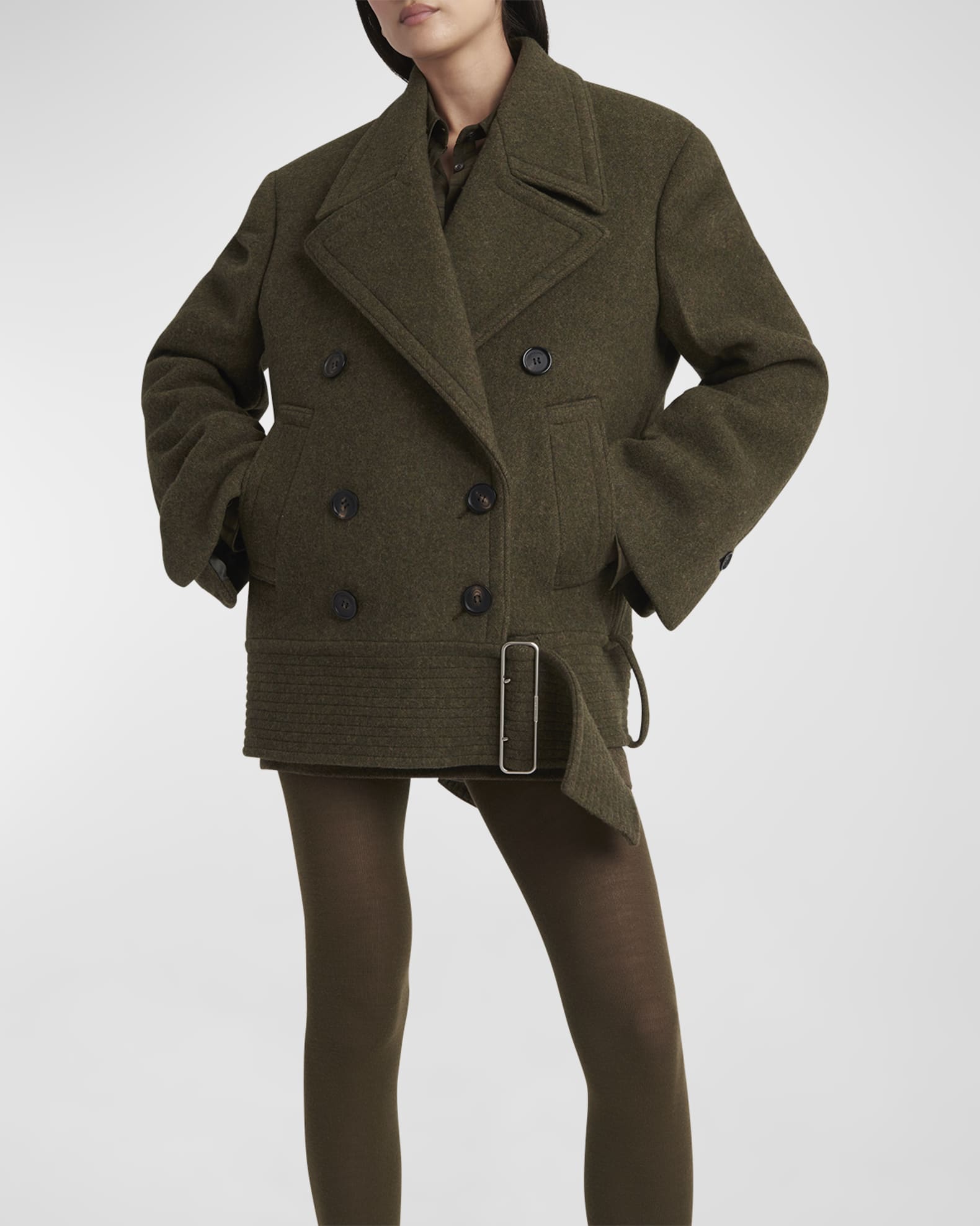 Oversize Wool Coat with Fixed Hip Belt