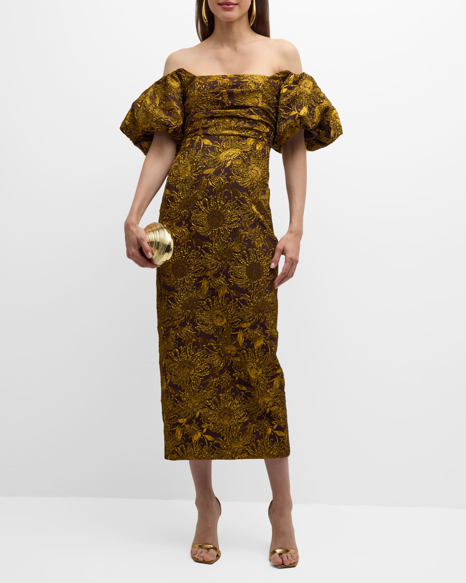 Metallic Sheath Dress with Puff Sleeves