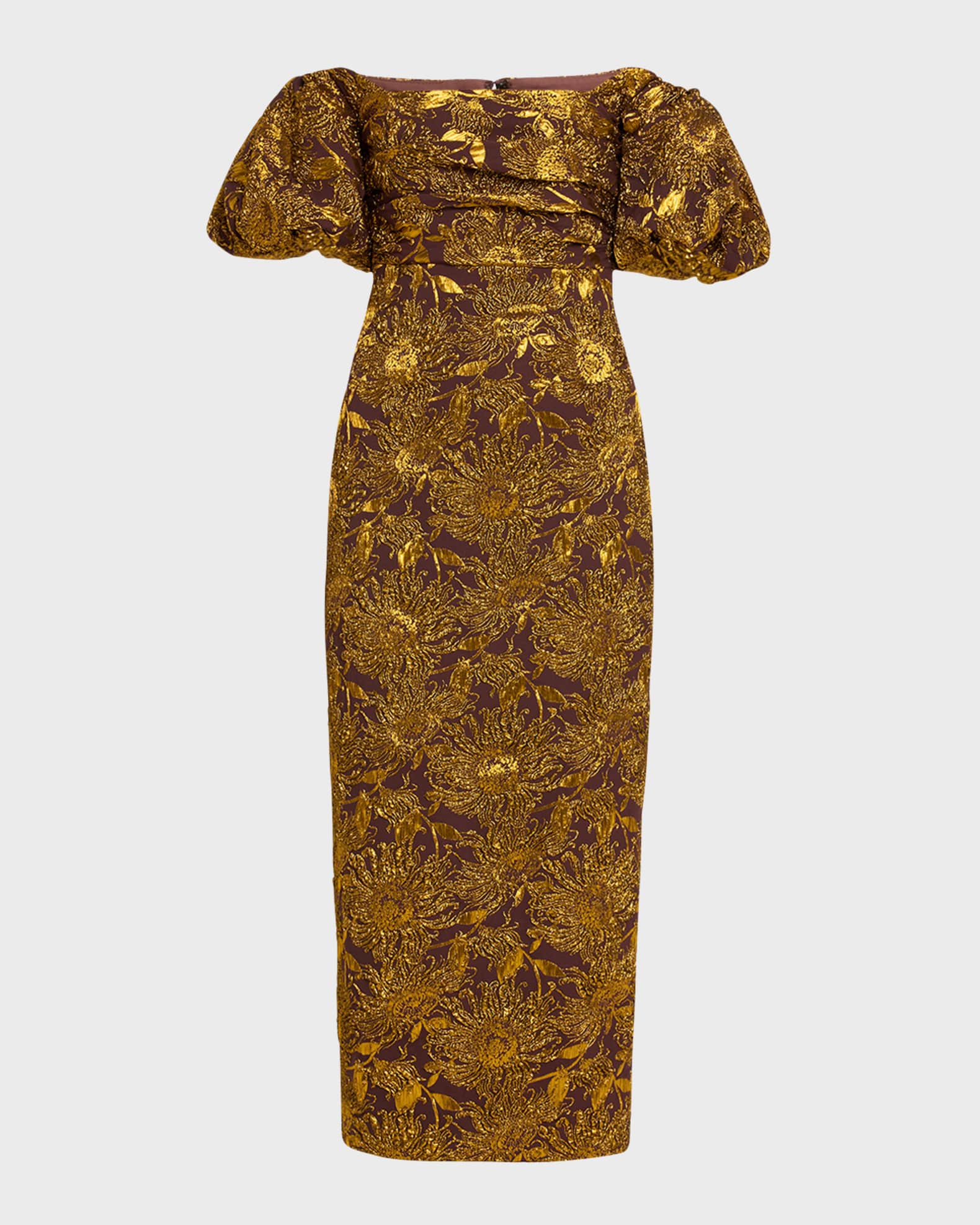 Metallic Sheath Dress with Puff Sleeves