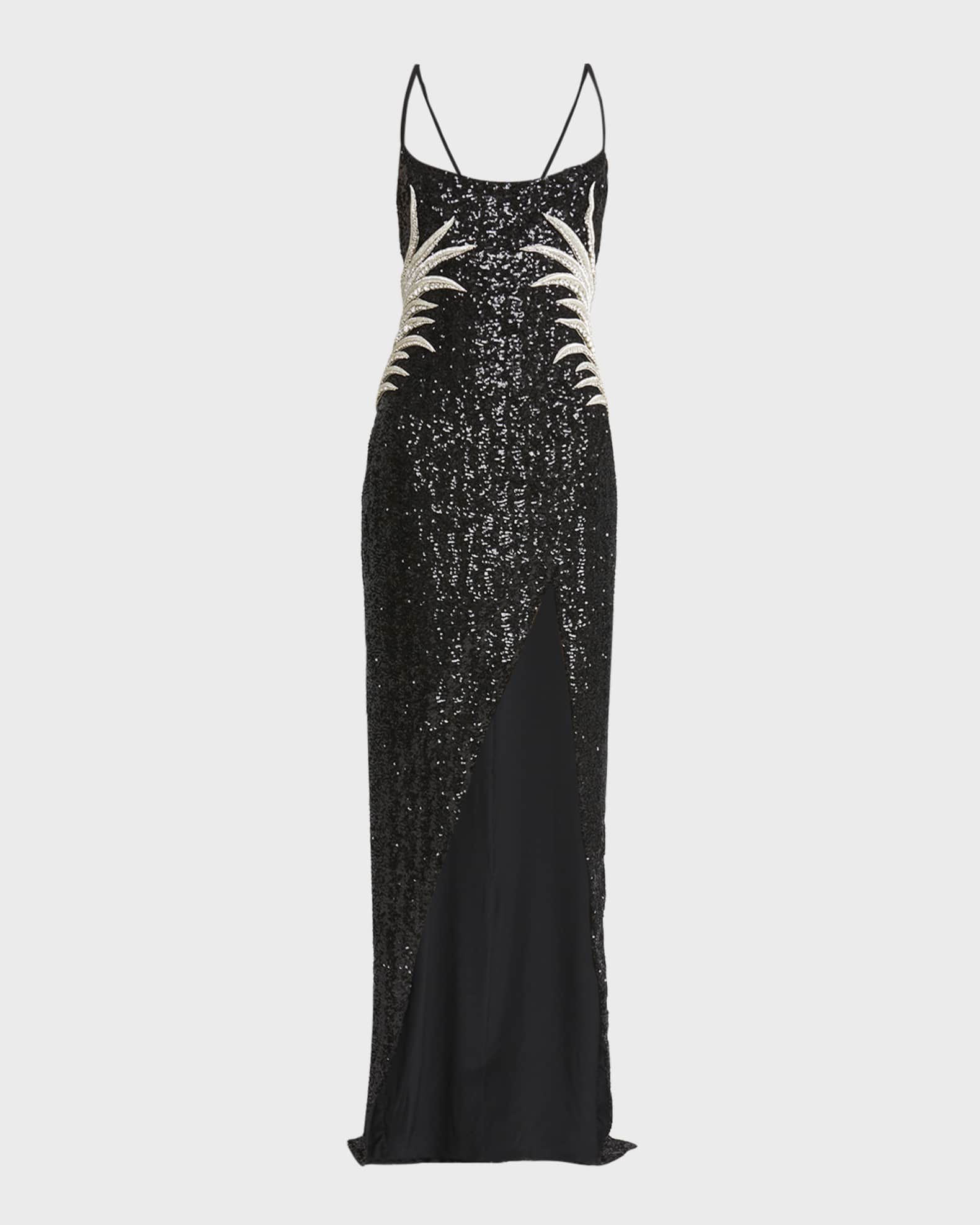 Balmain Sequin Embroidered Palm Tree Gown Black Crystal