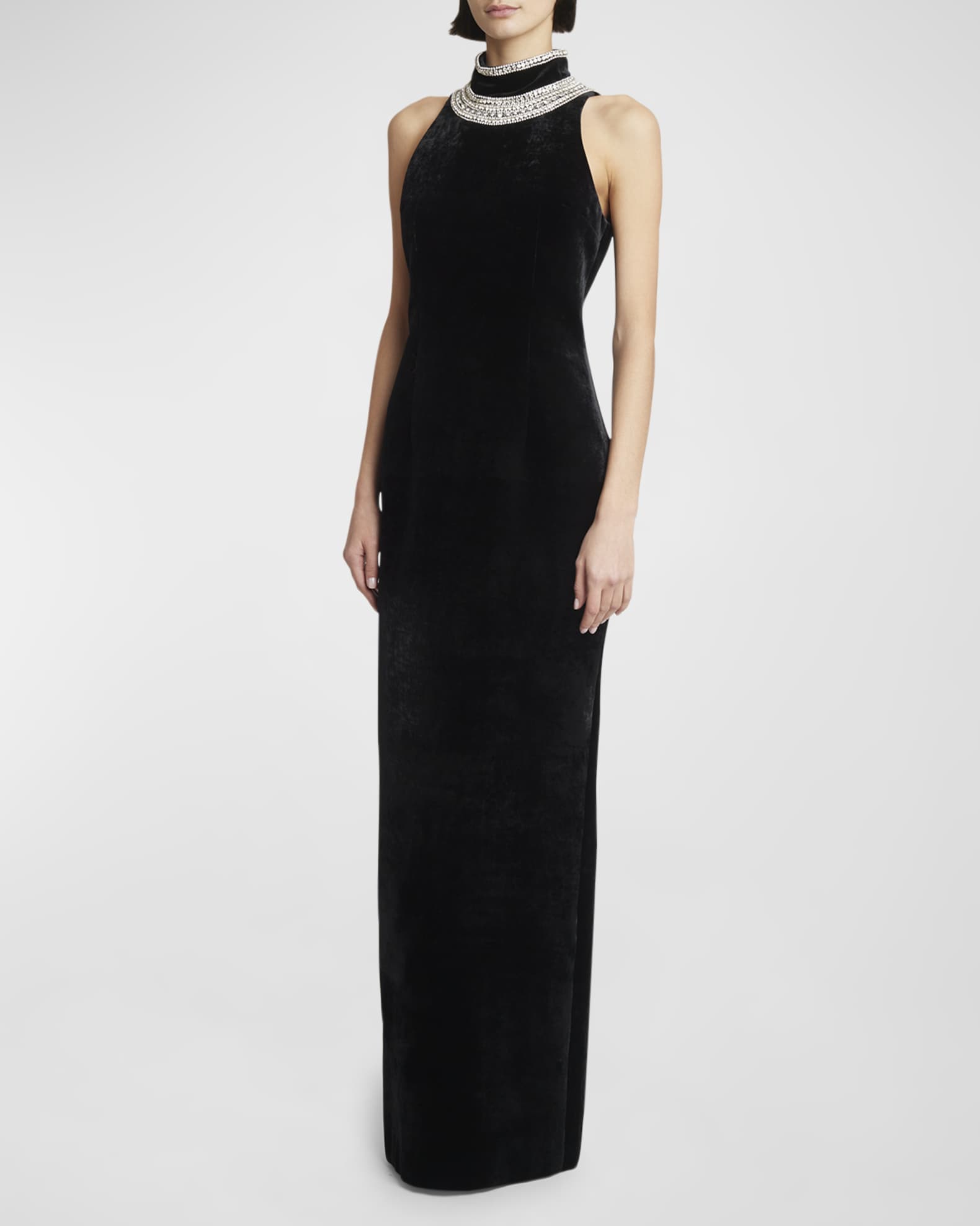 Balmain Women s Crystal Embellished Velvet Open Back Evening Gown