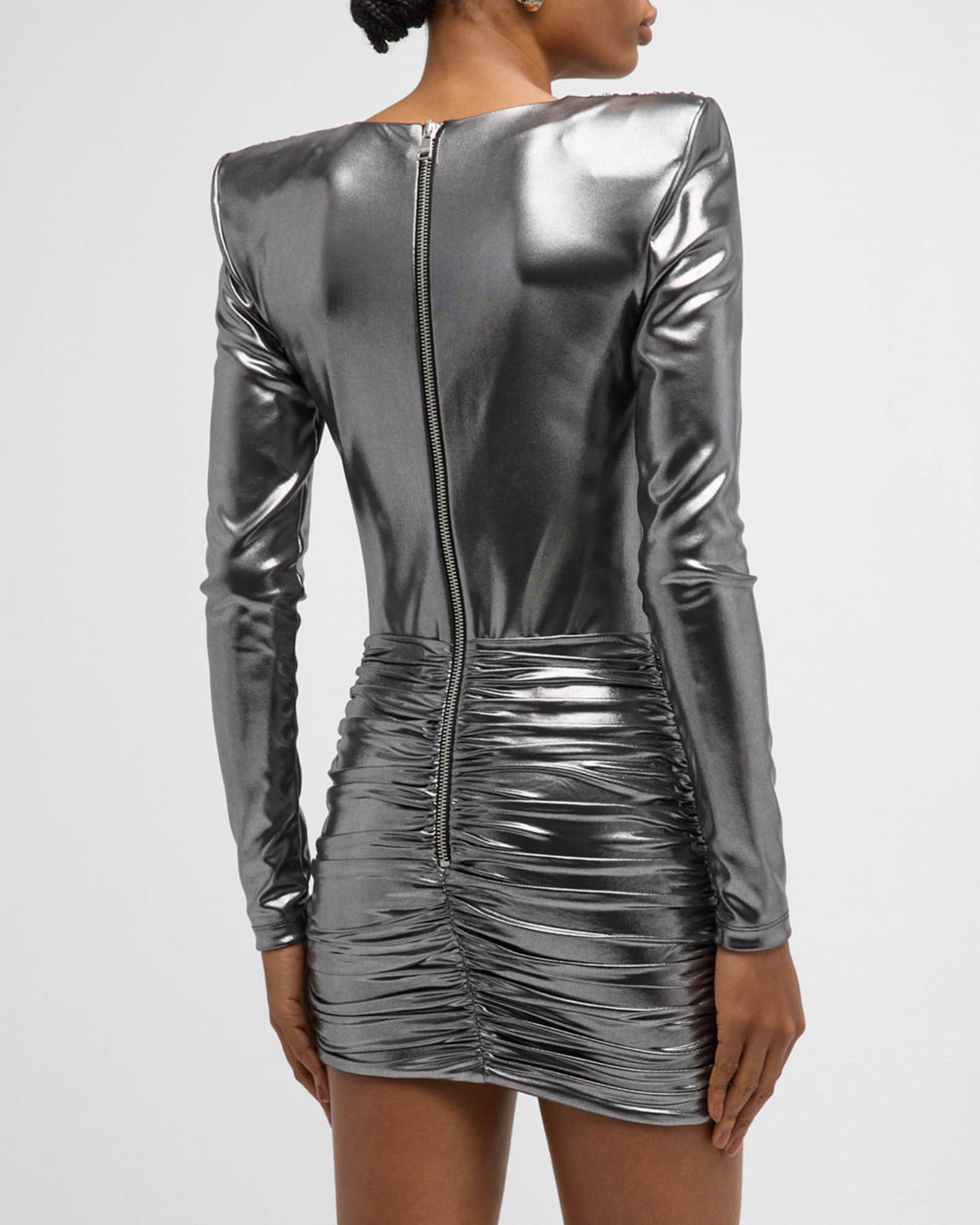 Balmain Metallic Draped Mini Dress Silver