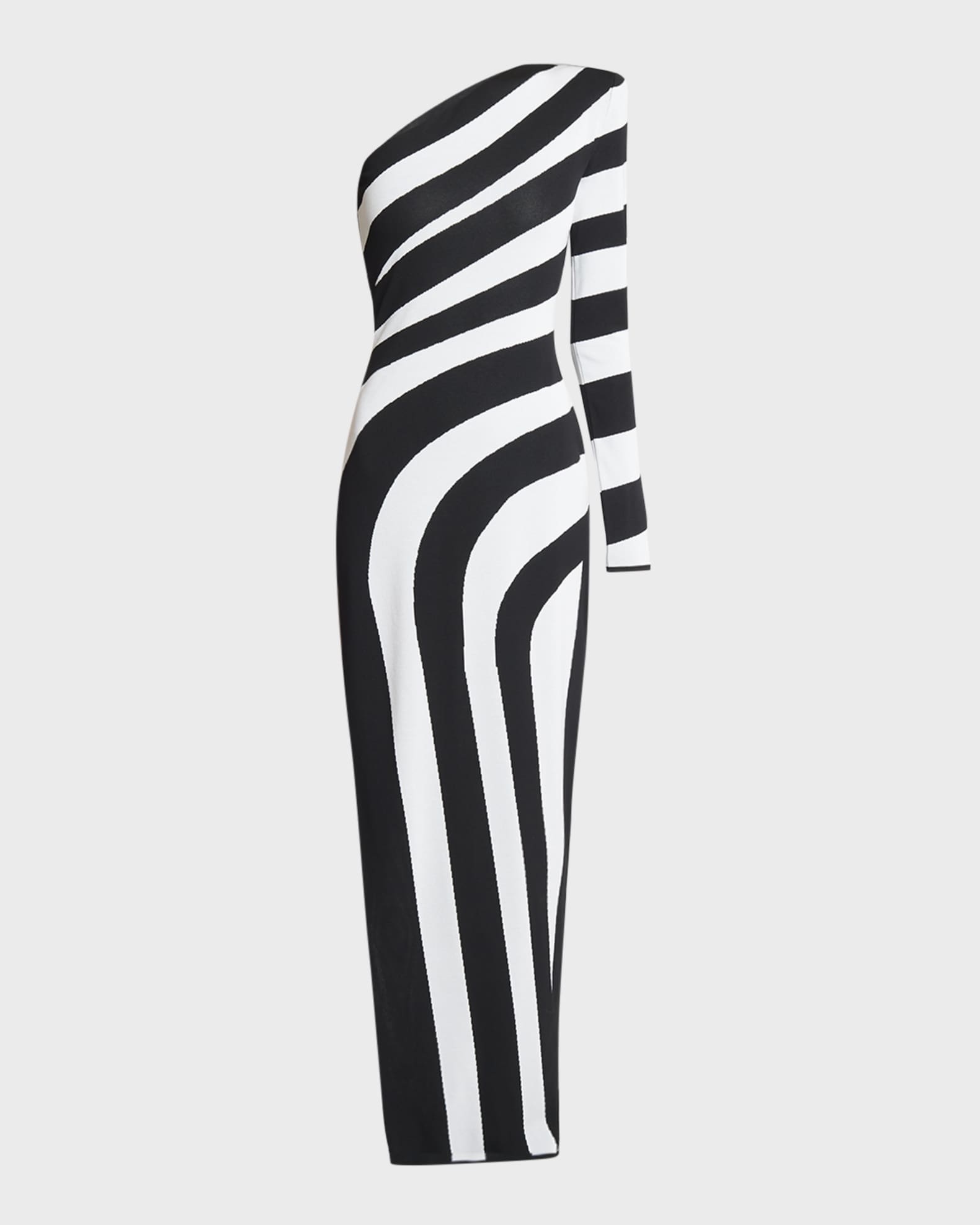 One-Shoulder Striped Knit Gown with Slit 0