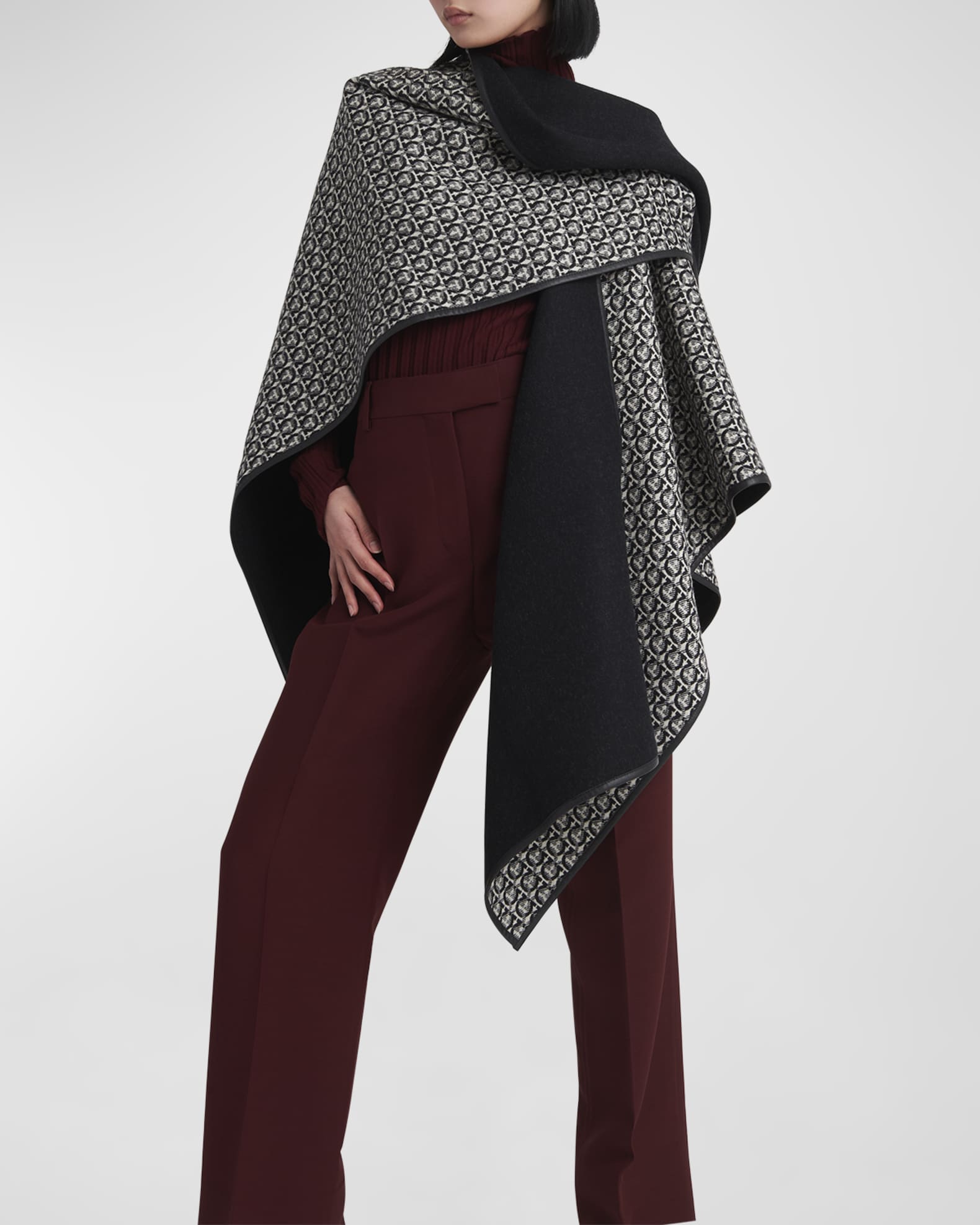 【関税&送料込】Salvatore Ferragamo Black Stretch Wool Blend Ferragamo Gancini Wool & Leather Cape | Neiman Marcus