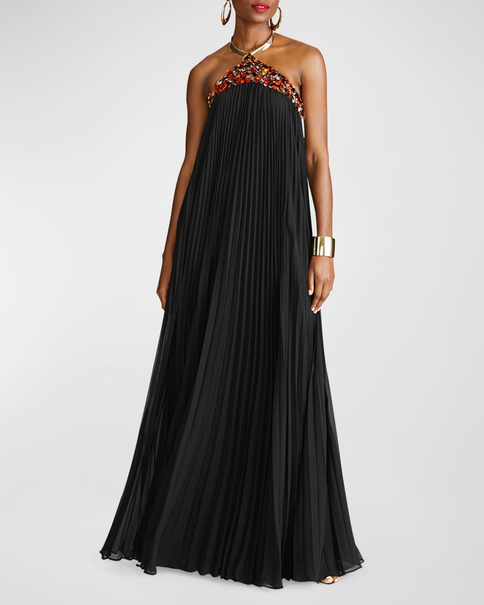 Halston Pythia Pleated Sequin Embellished Trapeze Gown Neiman Marcus